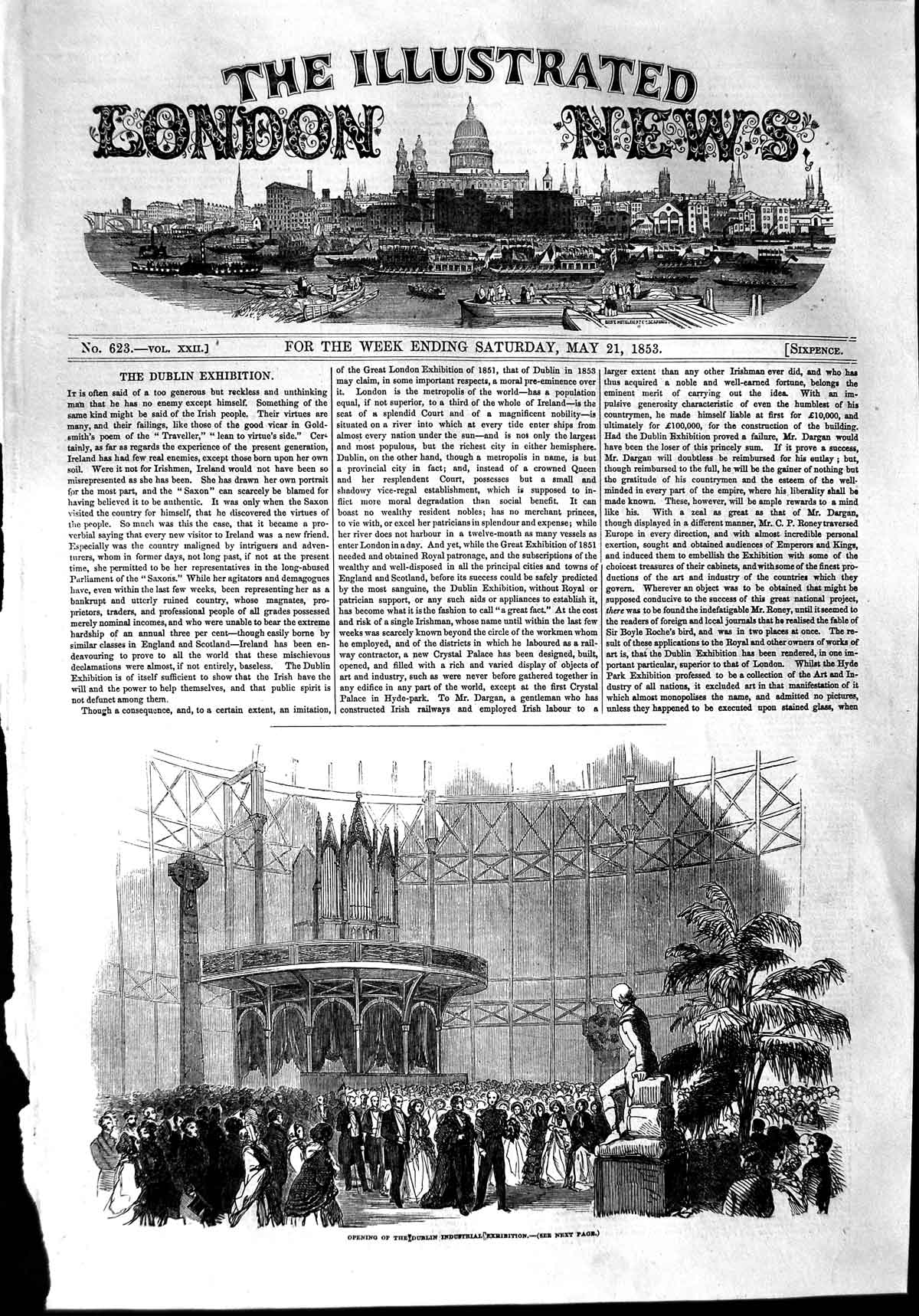 Old Antique Print 1853 Scene Opening Dublin Industrial Exhibition Statue 19th