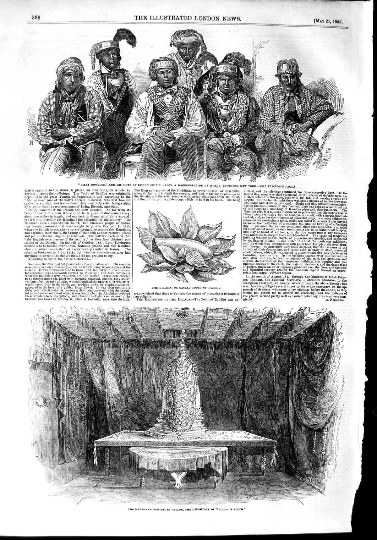 Original Old Antique Print 1853 Malegawa Temple Ceylon Tooth Buddhu Bowlegs