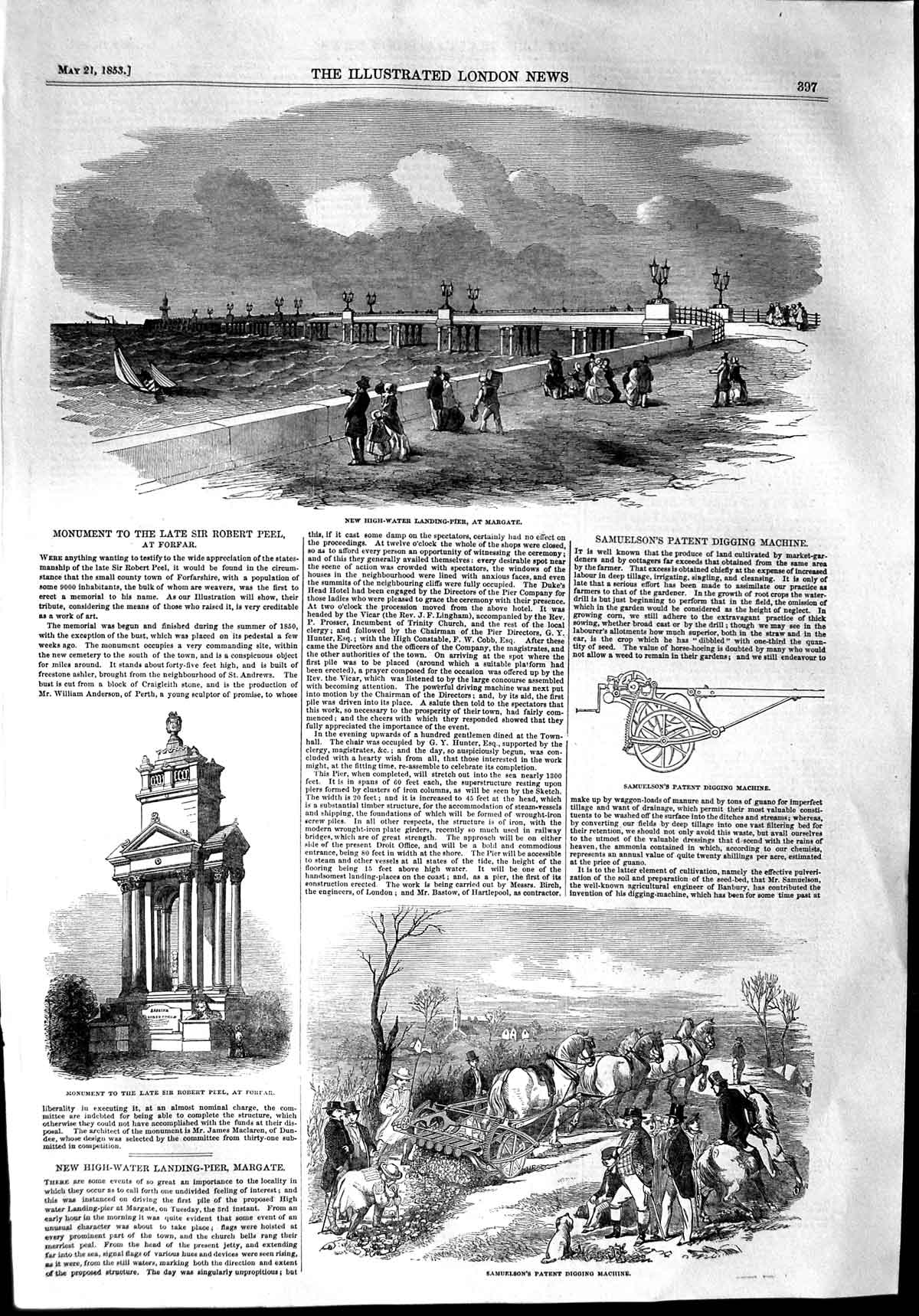 Old Antique Print 1853 Landing-Pier Margate Samuelson Digging Robert Peel 19th
