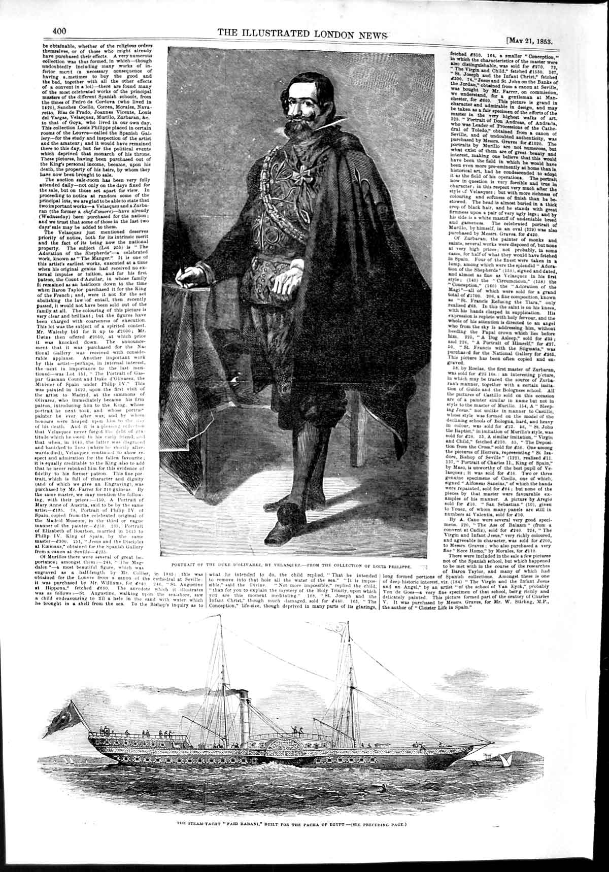 Original Old Antique Print 1853 Portrait Duke D'Olivarez Steam Ship Faid Rabani