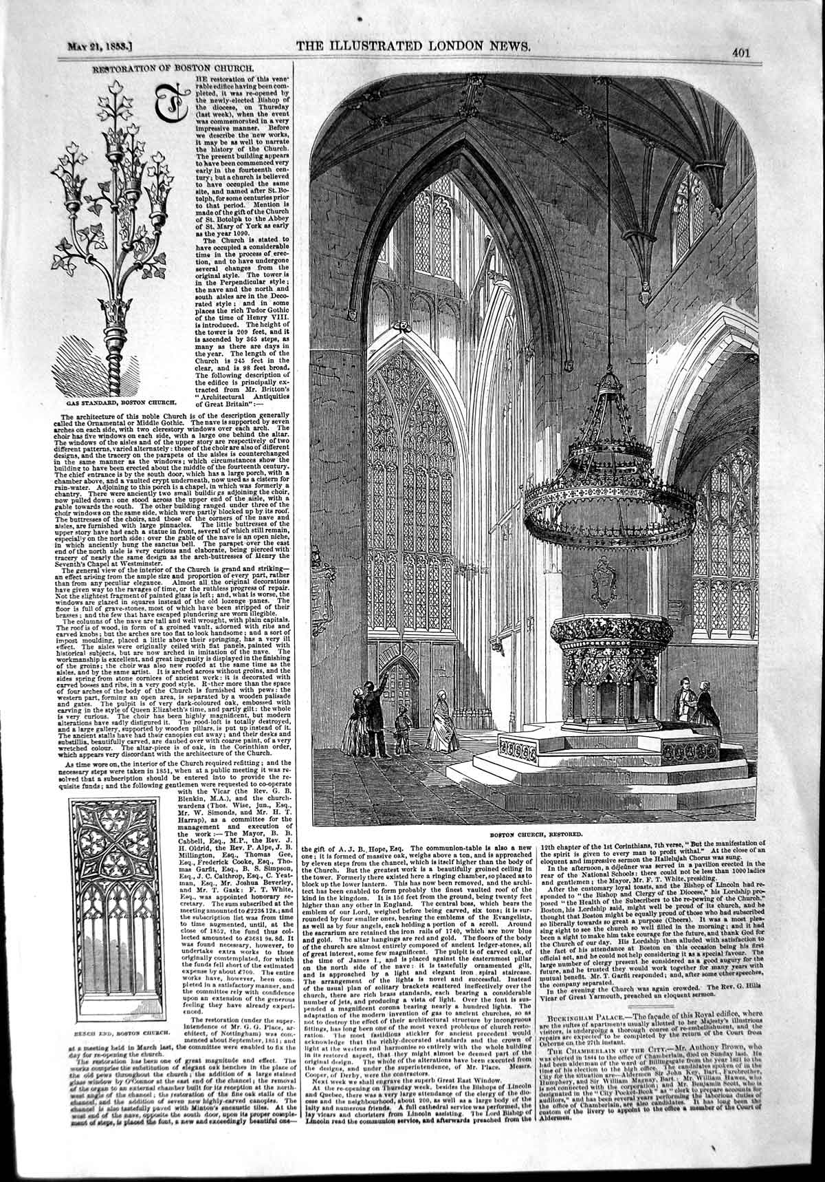 Old Antique Print 1853 Boston Church Gas Standard Bench End Architecture 19th