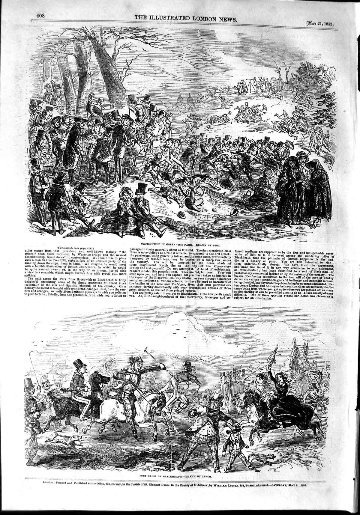 Old Antique Print 1853 Whitsuntide Greenwich Park Pony Races Blackheath 19th