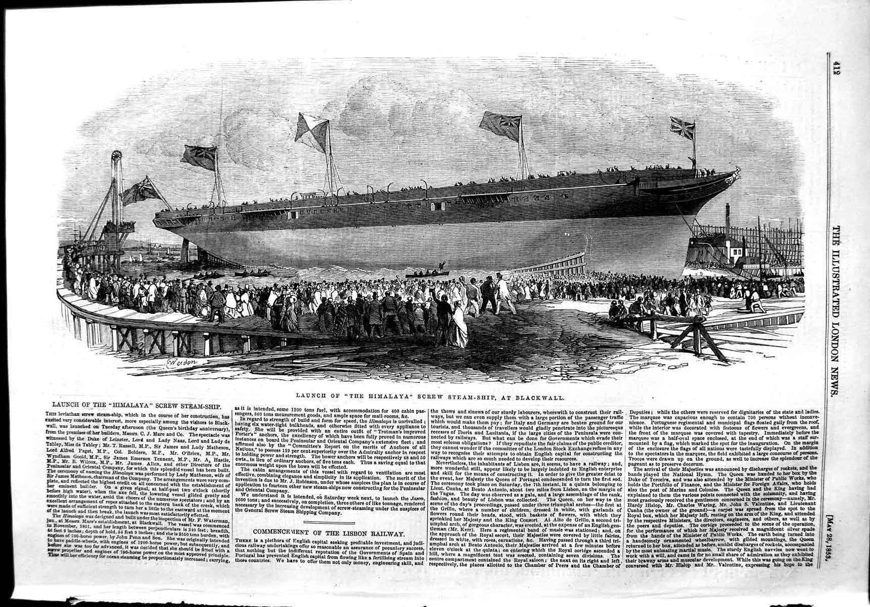 Original Old Antique Print 1853 Launch Himalaya Screw Steam Ship Blackwall 19th
