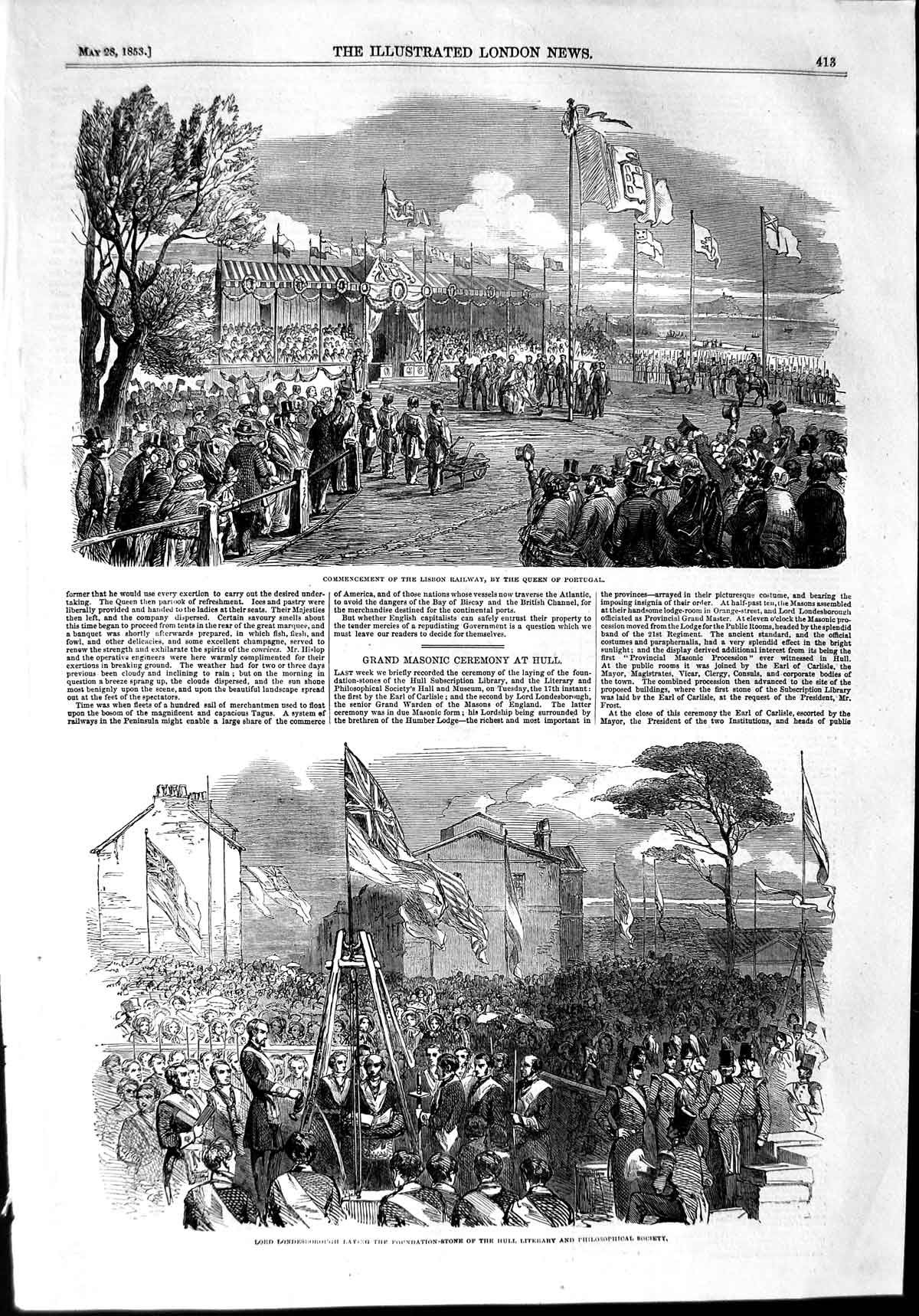 Old Antique Print 1853 Lisbon Railway Queen Portugal Lord Londesborough 19th