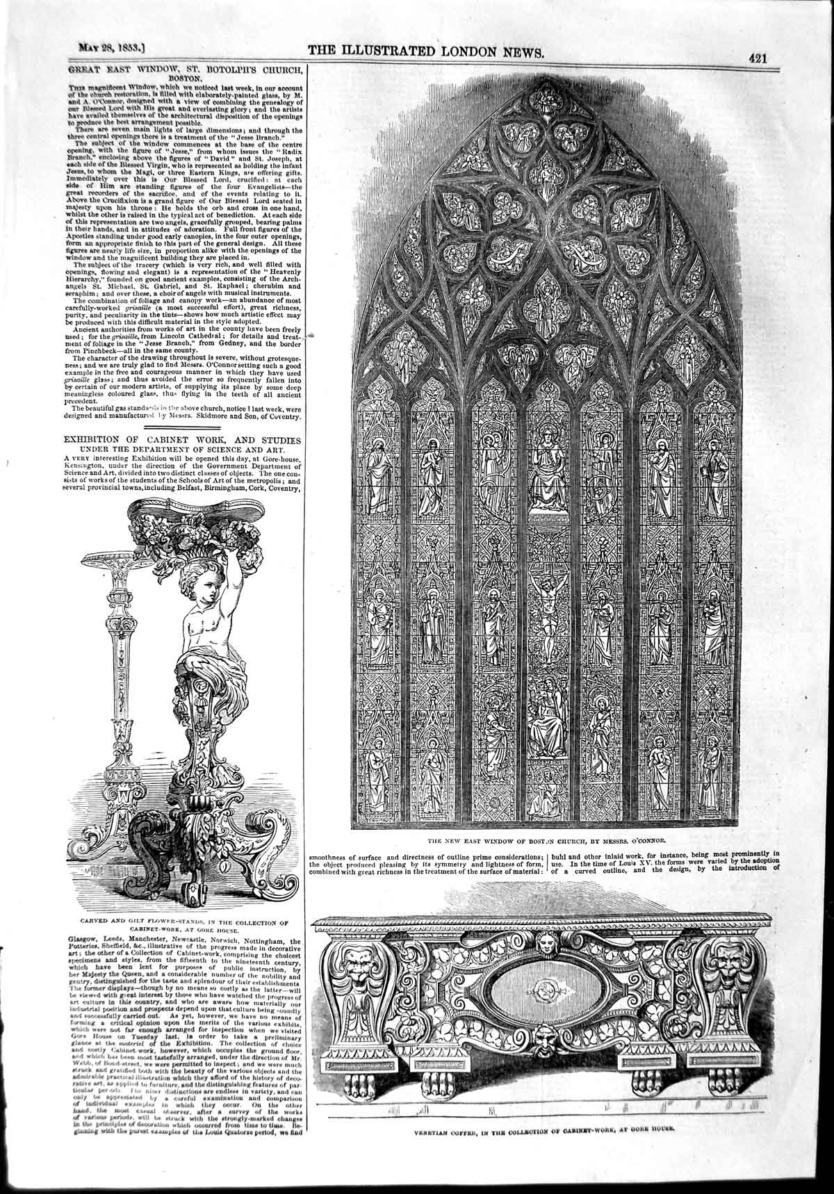 Original Old Antique Print 1853 Window Boston Church Flower-Stands Gore House