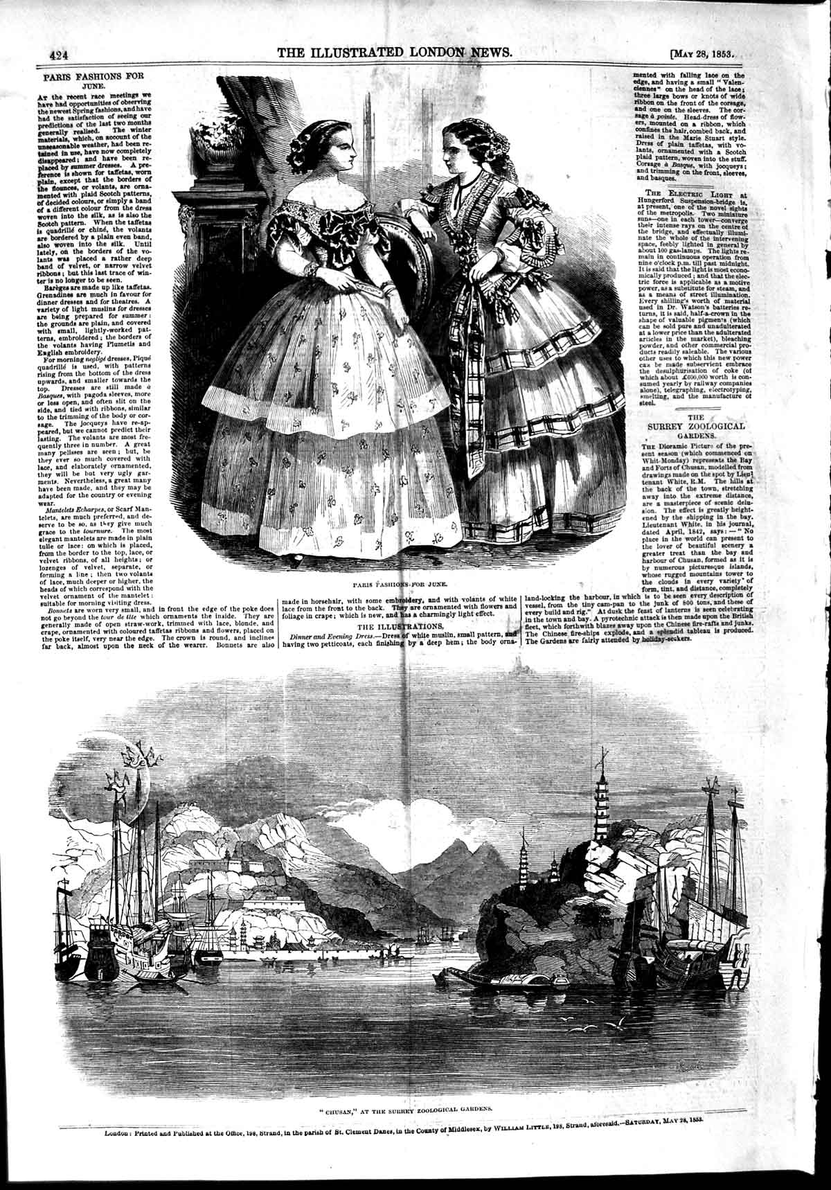 Original Old Antique Print 1853 Paris Fashion Ships Chusan Surrey Zoological