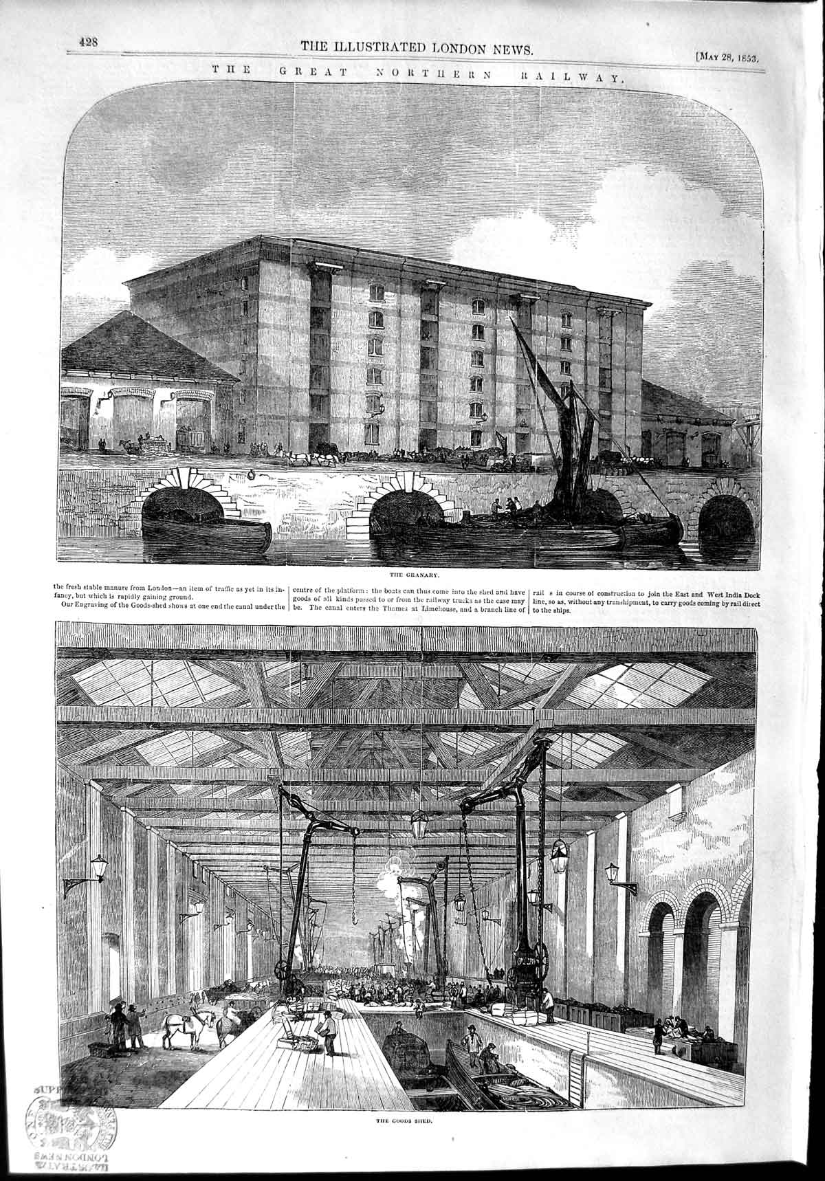 Original Old Antique Print 1853 Great Northern Railway Granary Goods Shed 19th