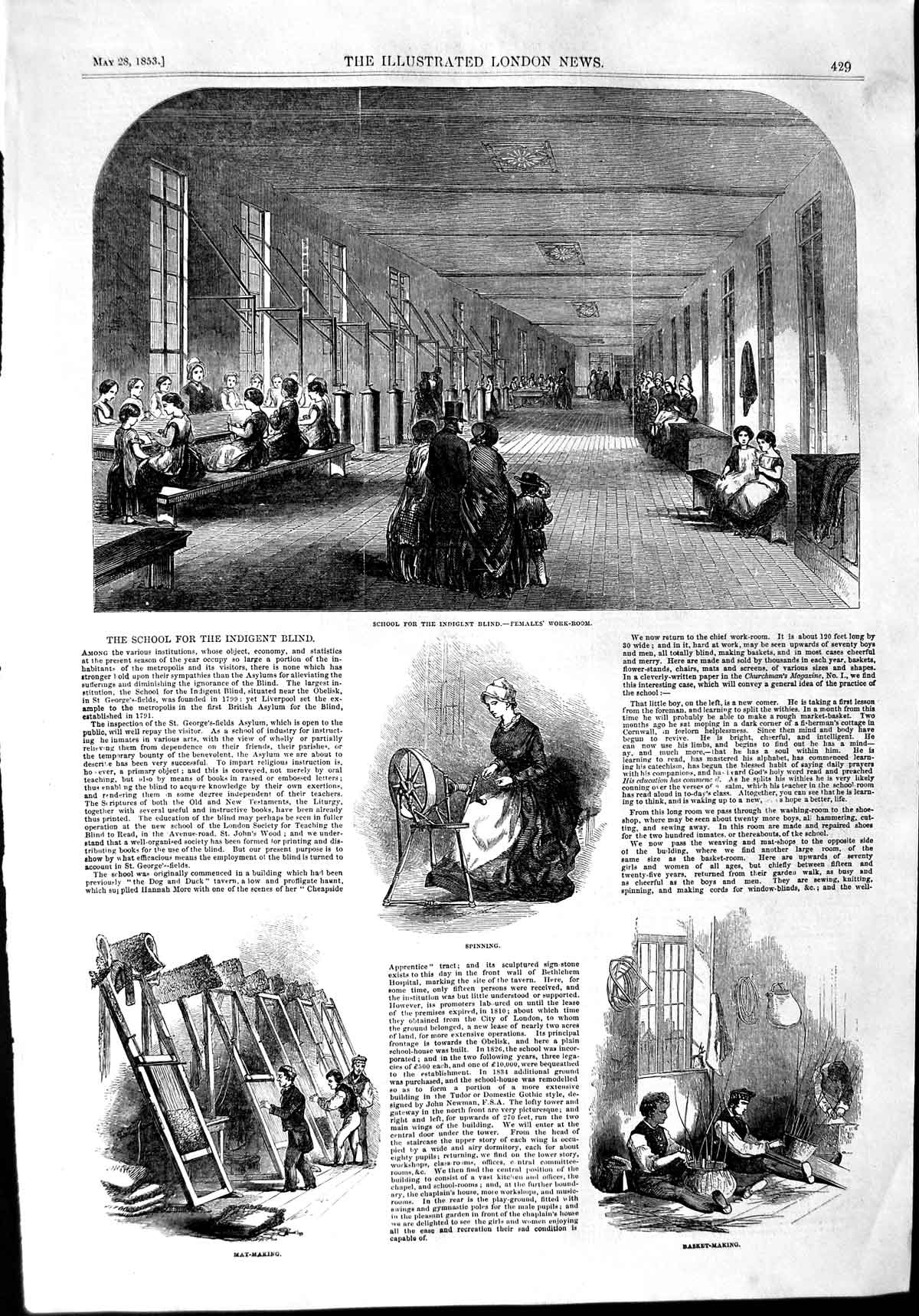 Old Antique Print 1853 School Indigent Blind Females Work Room Industry 19th