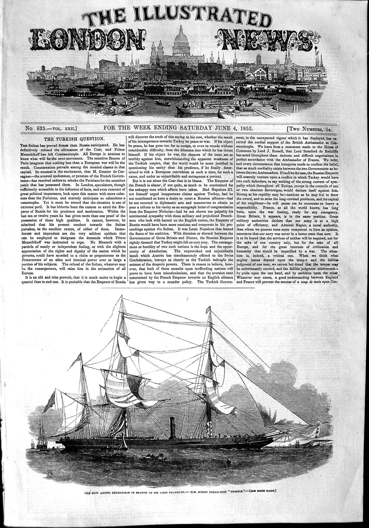 Original Old Antique Print 1853 Arctic Expedition John Franklin Screw Ship 19th