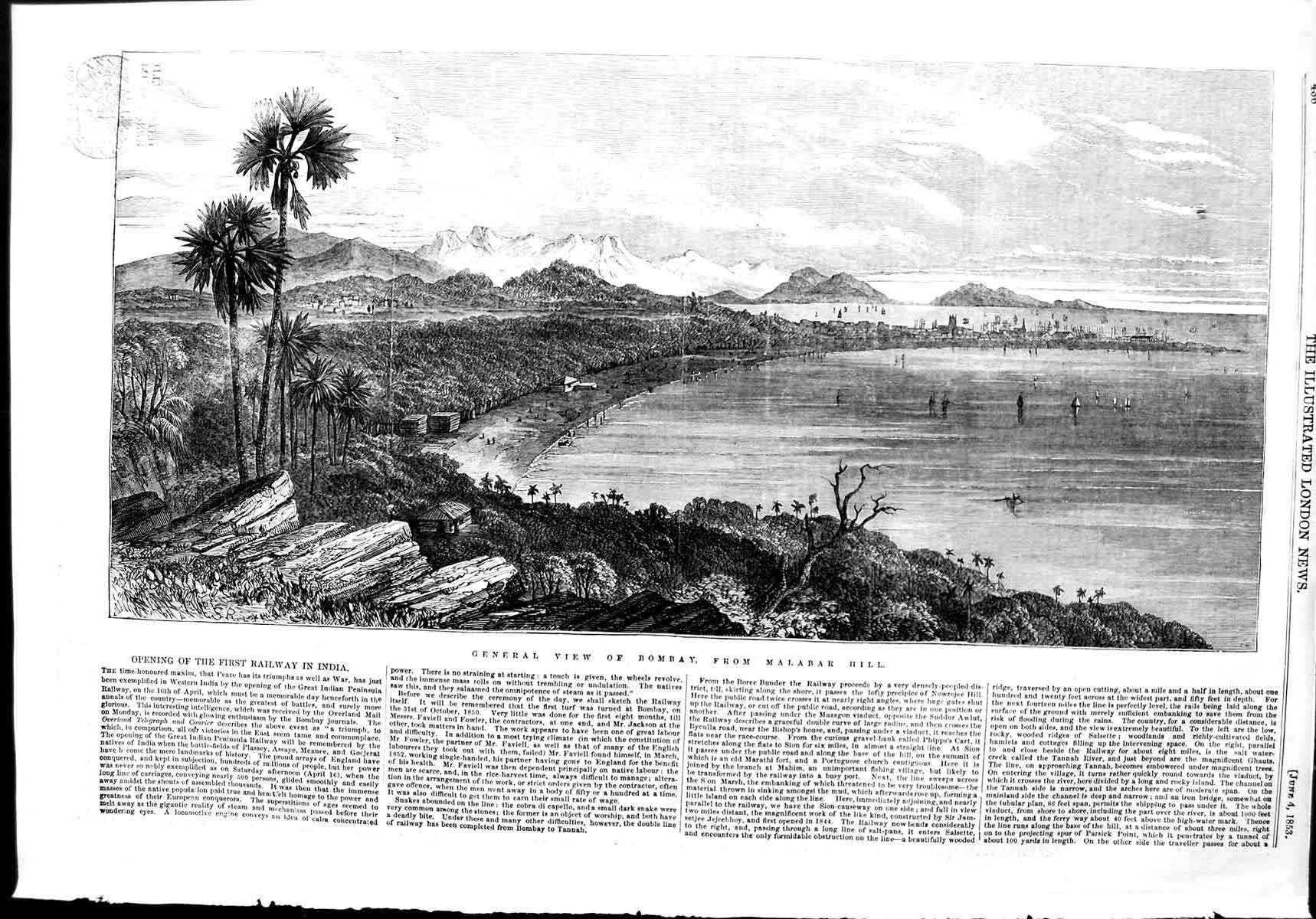 Original Old Antique Print 1853 View Bombay India Malabar Hill Mountains 19th