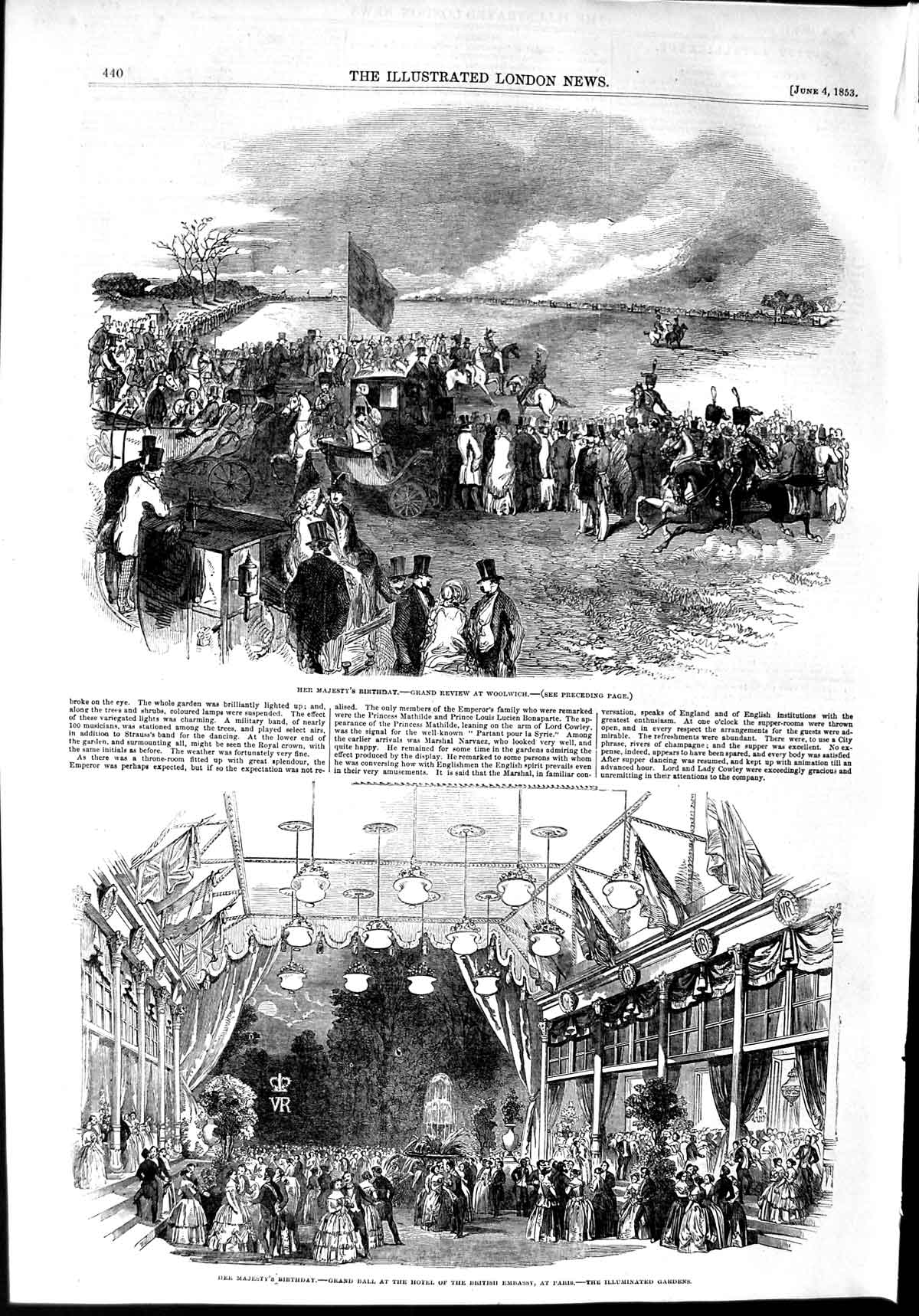 Original Old Antique Print 1853 Queen Birthday Review Woolwich Ball Hotel Paris
