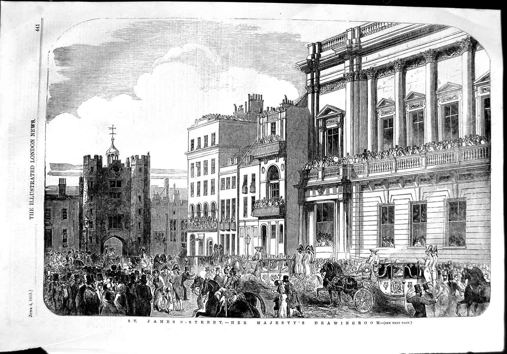Old Antique Print 1853 St. James Street Queen Drawing Room Architecture 19th