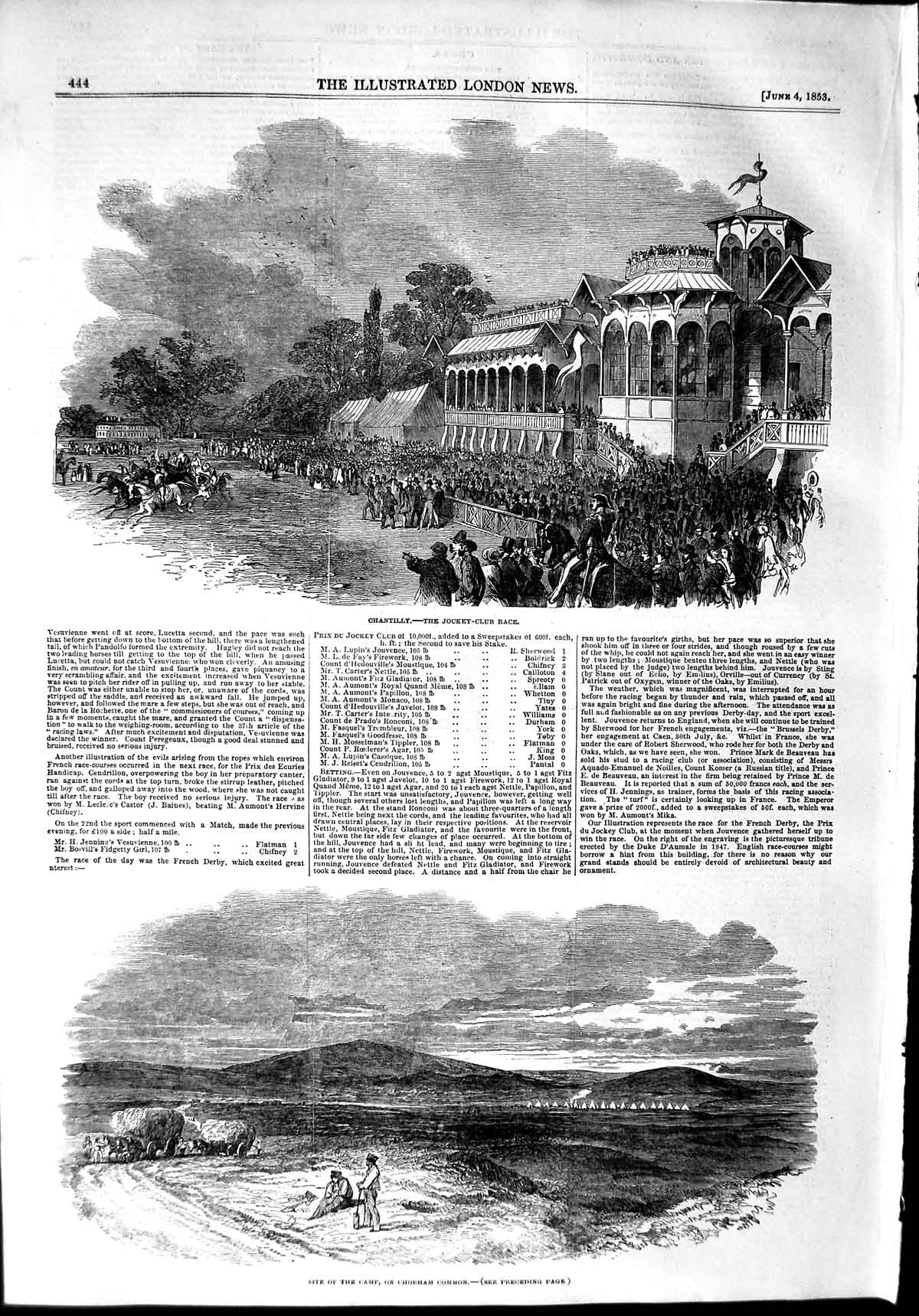 Original Old Antique Print 1853 Jockey Club Race Chantilly Chobham Common Camp