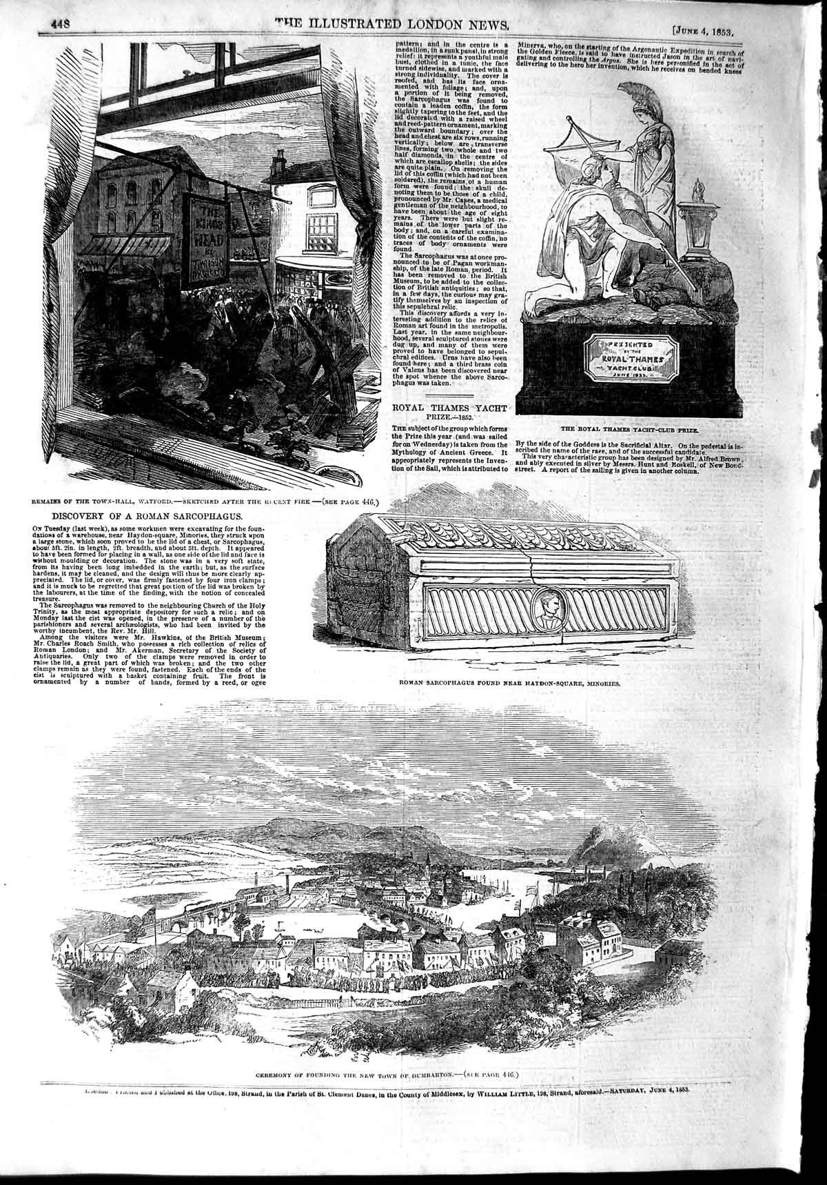 Original Old Antique Print 1853 Town Dumbarton Roman Sarcophagus Watford 19th