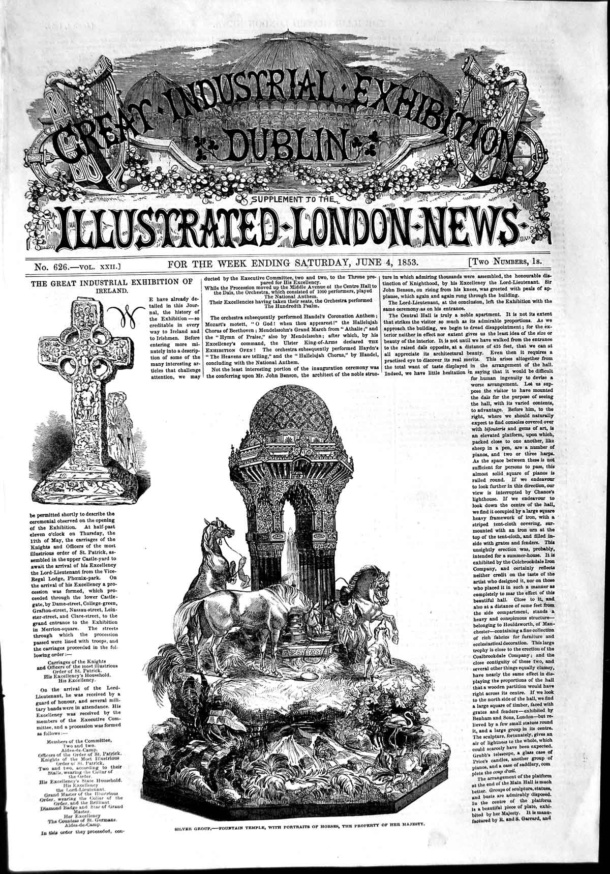 Original Old Antique Print 1853 Silver Group Fountain Temple Horses Exhibition