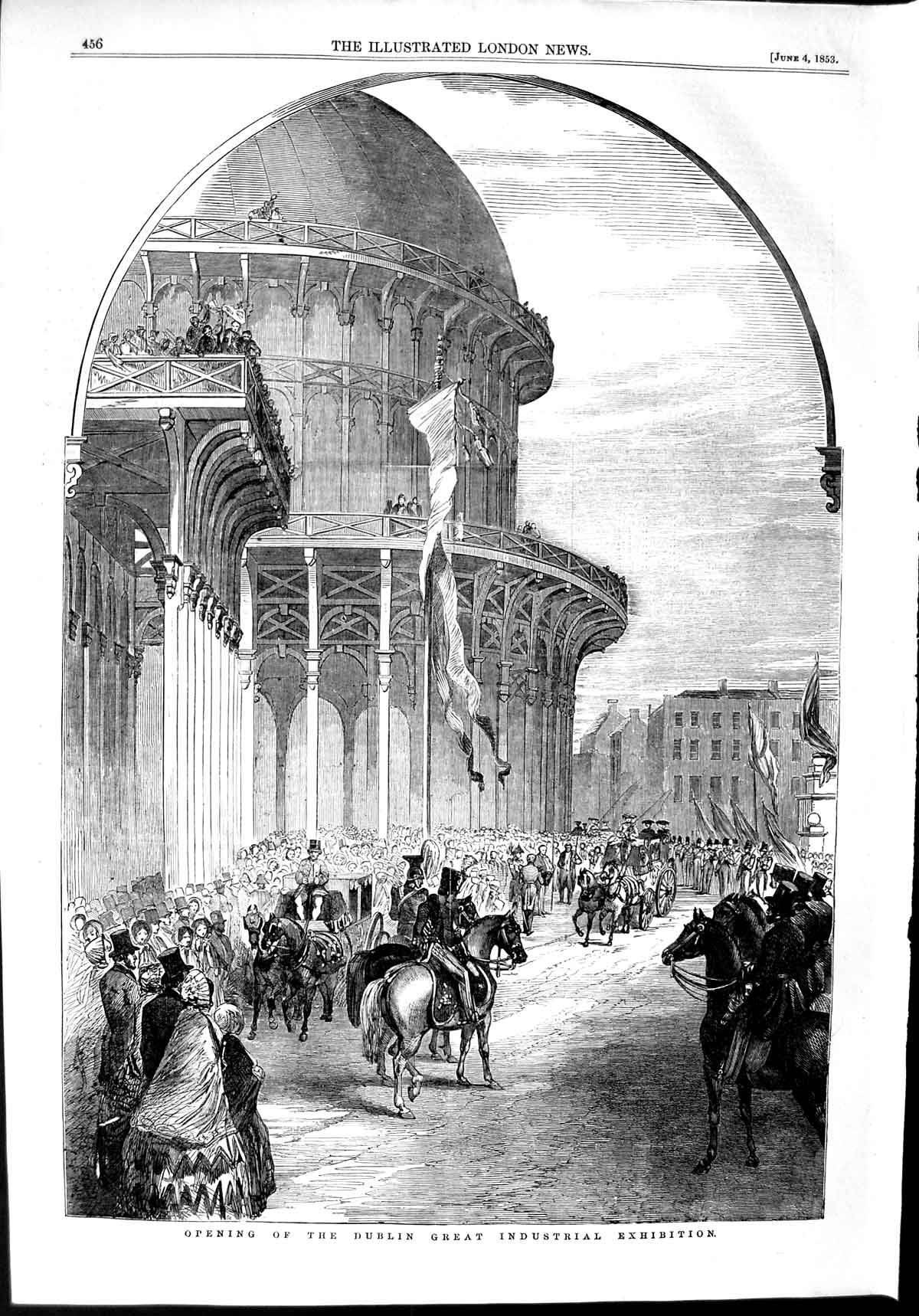 Old Antique Print 1853 Opening Dublin Great Industrial Exhibition Ireland 19th