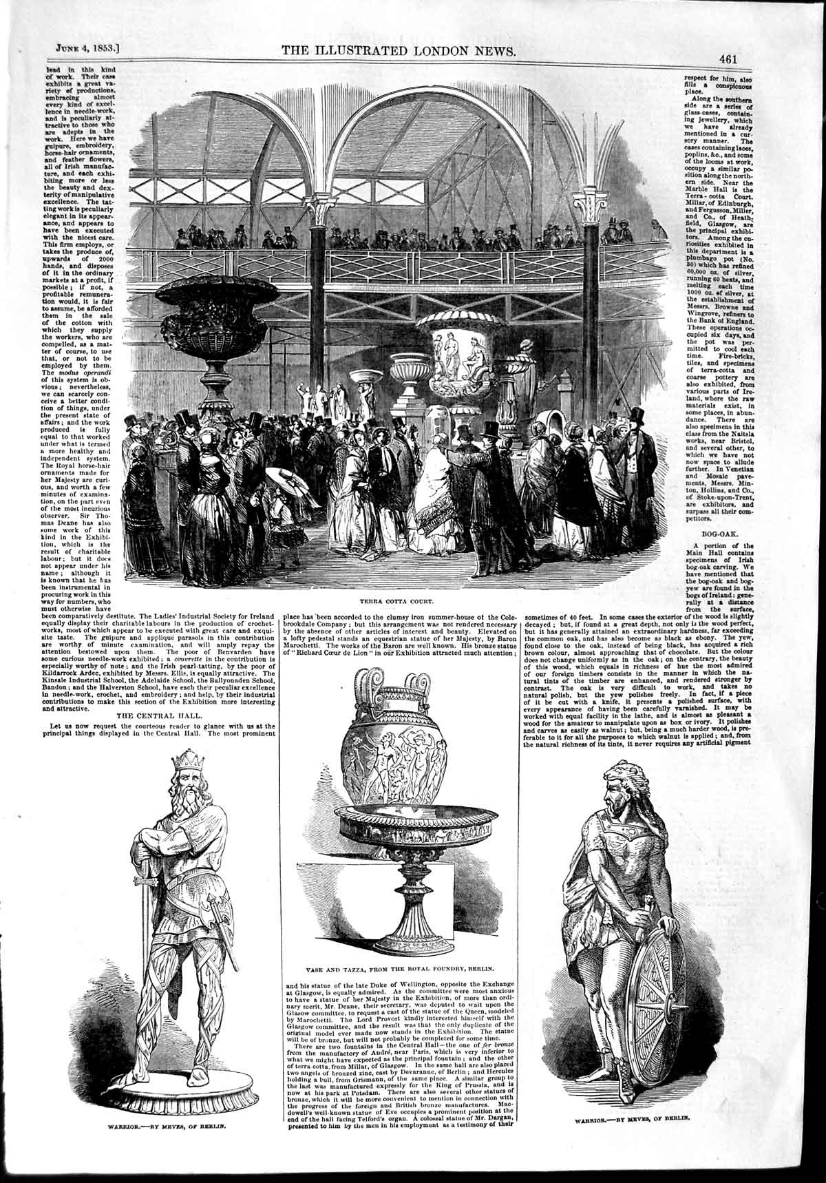 Original Old Antique Print 1853 Terra Cotta Court Exhibition Warrior Vase Tazza