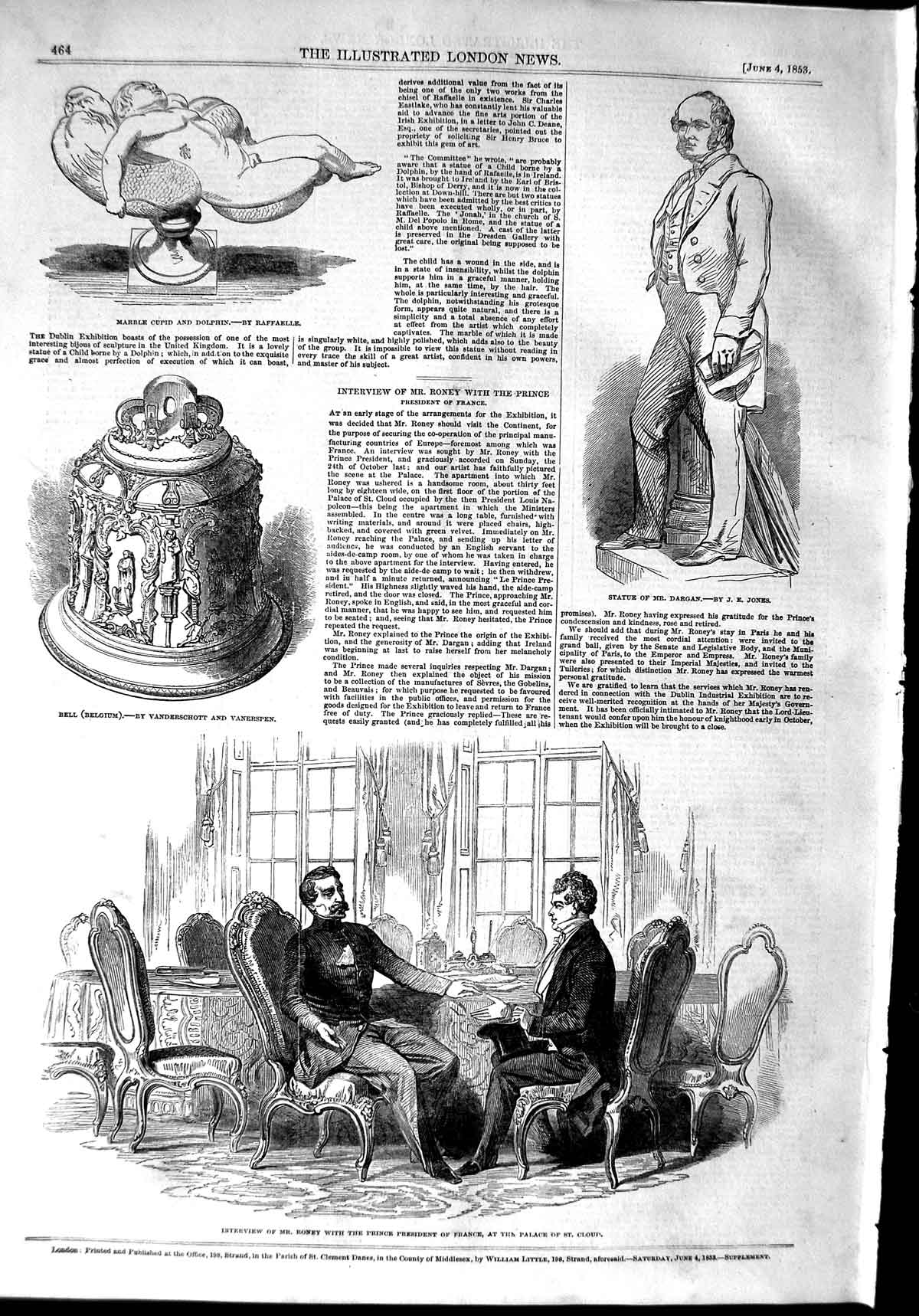 Old Antique Print 1853 Statue Dargan Marble Dolphin Roney Prince France 19th