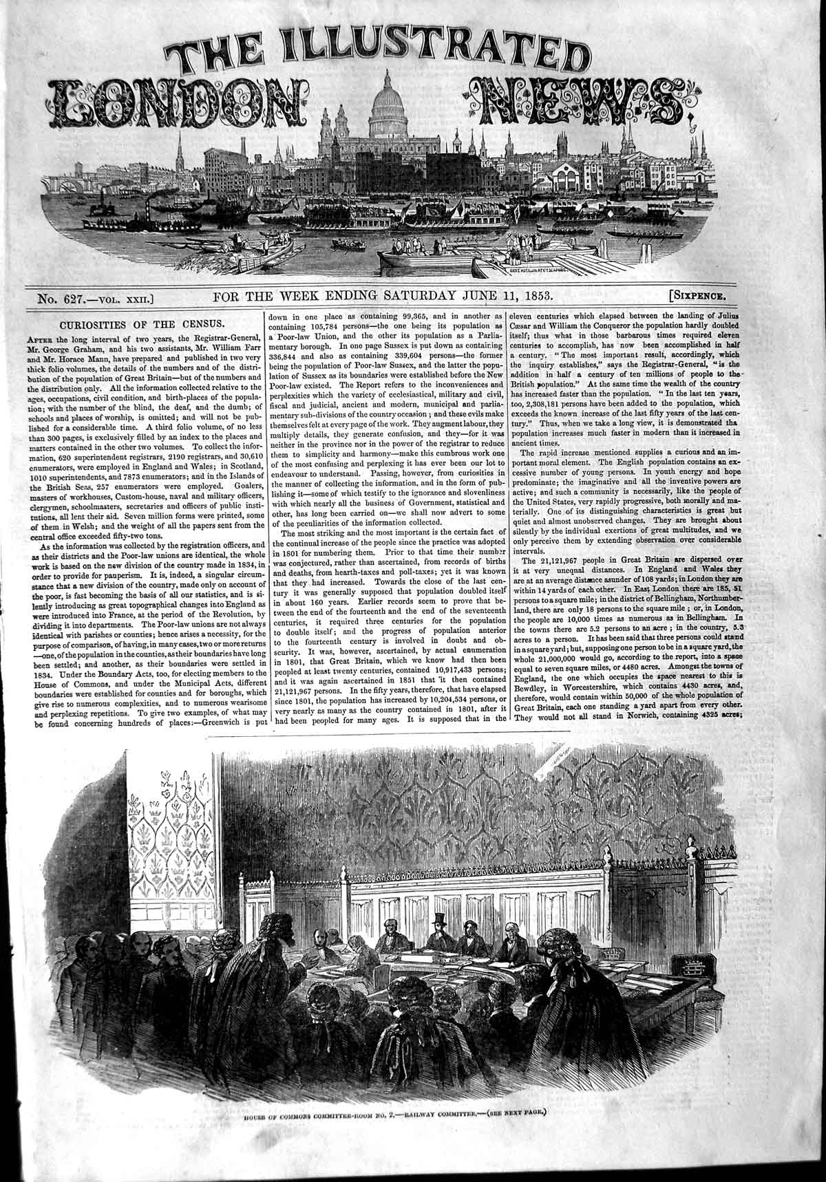 Original Old Antique Print 1853 House Commons Committee-Room Railway Committee