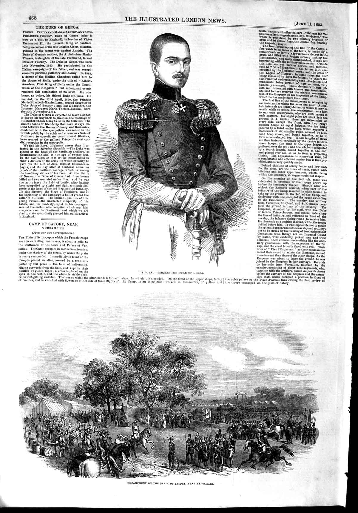 Old Antique Print 1853 Royal Highness Duke Genoa Camp Satory Versailles 19th