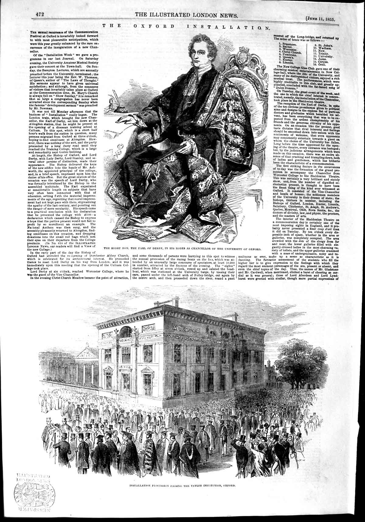 Old Antique Print 1853 Earl Derby Taylor Institution Oxford Law Doctors 19th