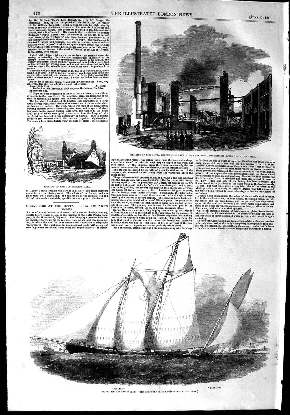 Original Old Antique Print 1853 Thames Yacht Club Sverige Rosalind Gutta Percha
