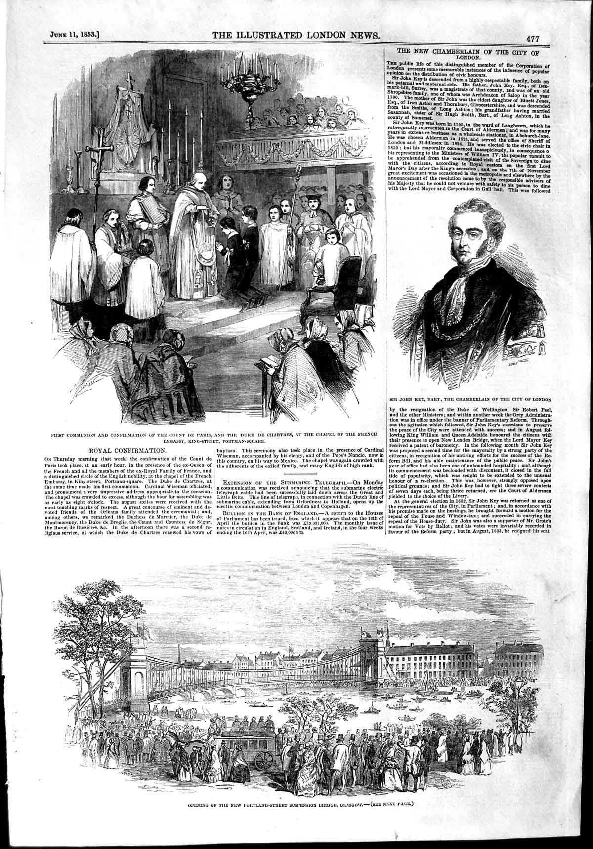 Original Old Antique Print 1853 Portland-Street Suspension Bridge Glasgow Key