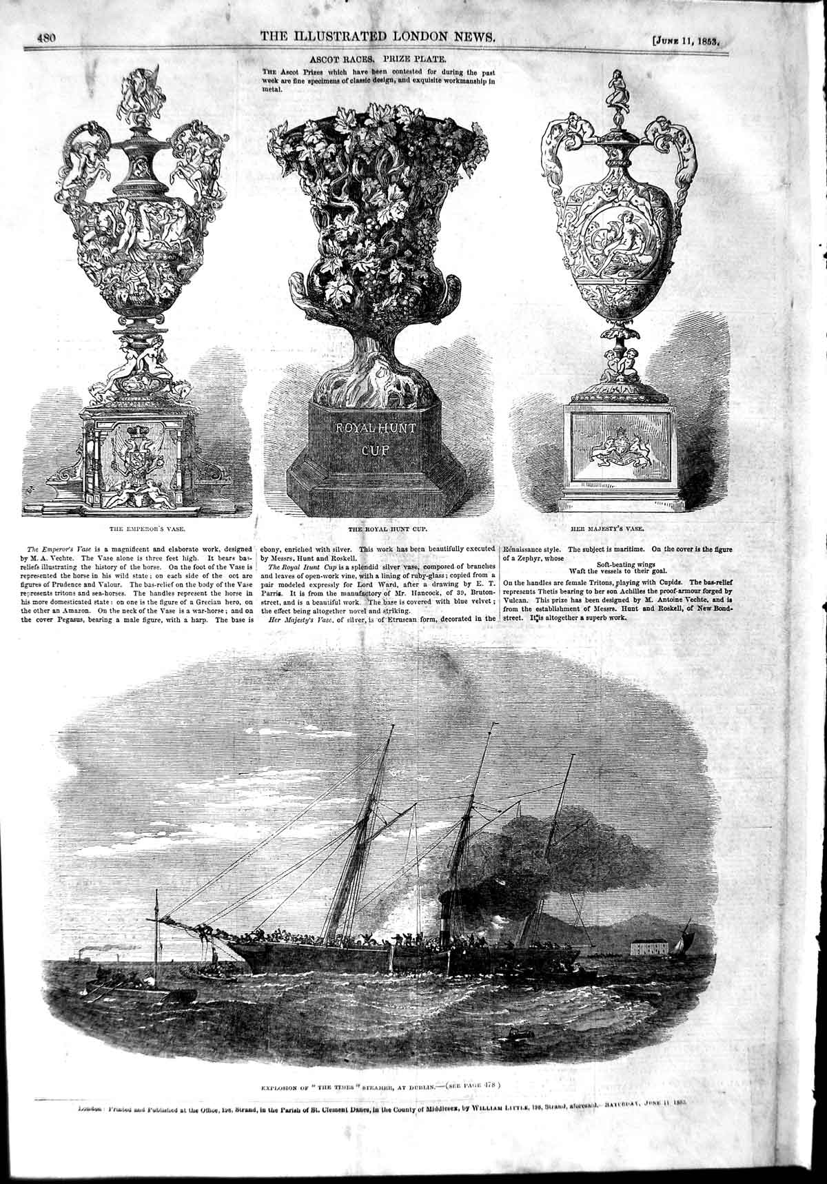 Original Old Antique Print 1853 Times Ship Steamer Dublin Royal Hunt Cup Ascot