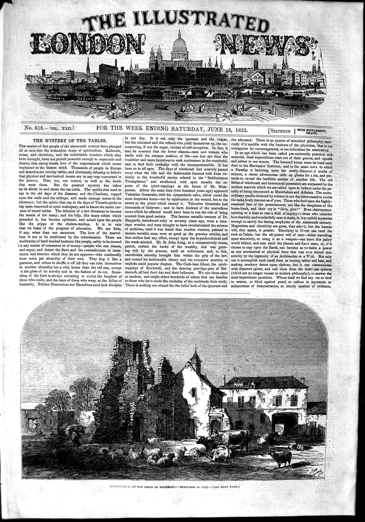 Original Old Antique Print 1853 Hougoumont Field Waterloo Sheep Animals Farmer