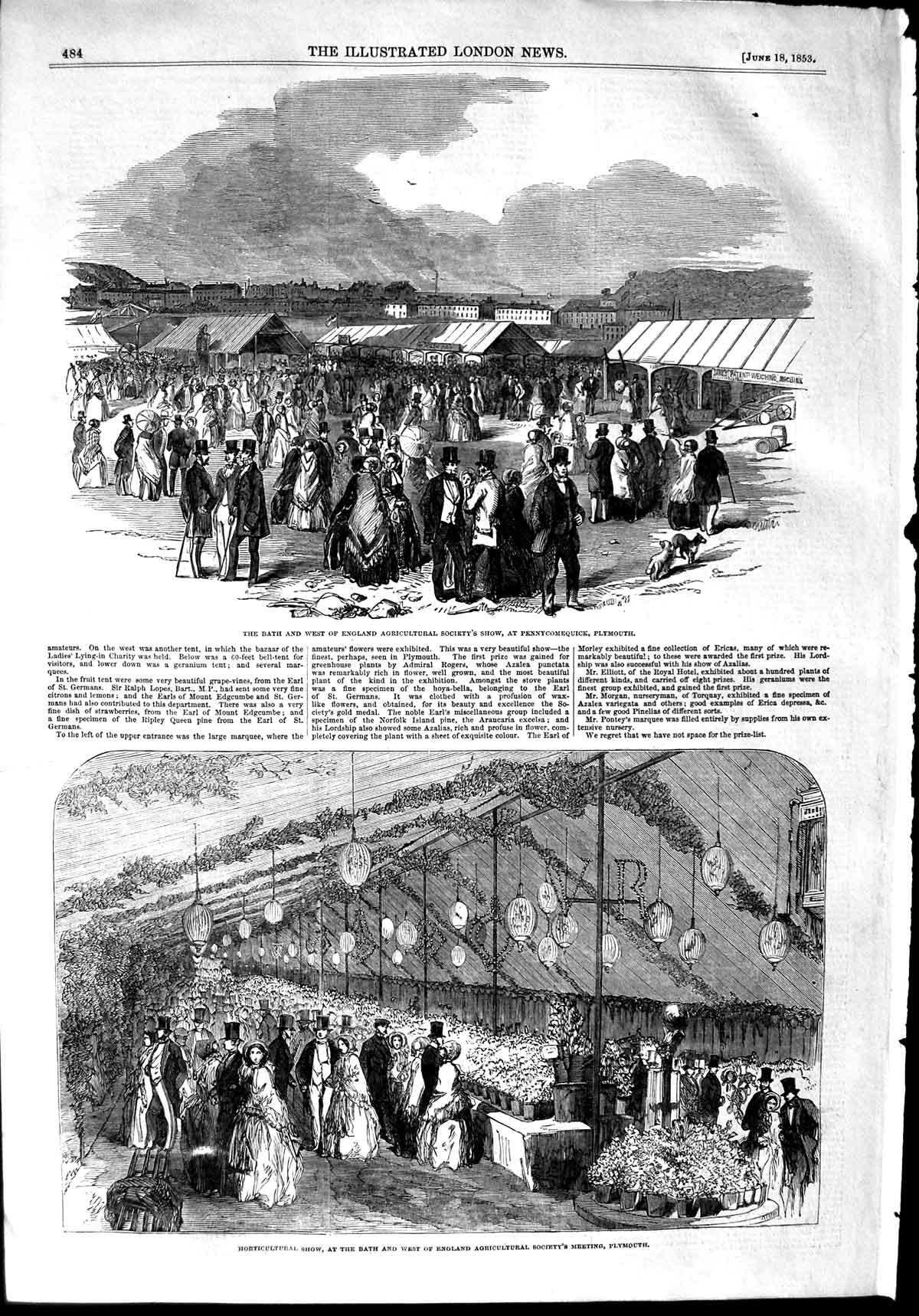 Original Old Antique Print 1853 Bath England Show Pennycomequick Plymouth 19th