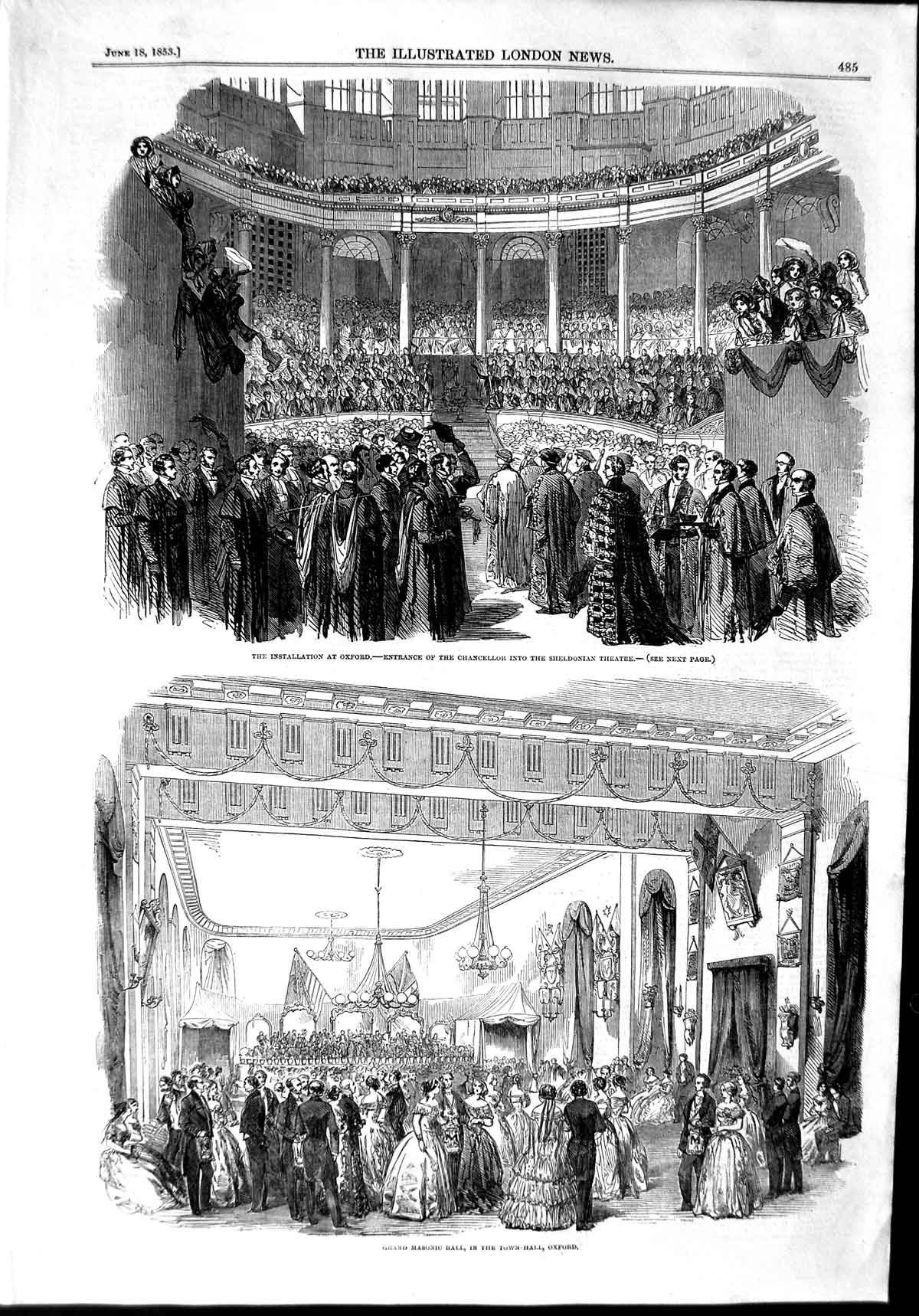 Original Old Antique Print 1853 Chancellor Oxford Sheldonian Theatre Mason 19th