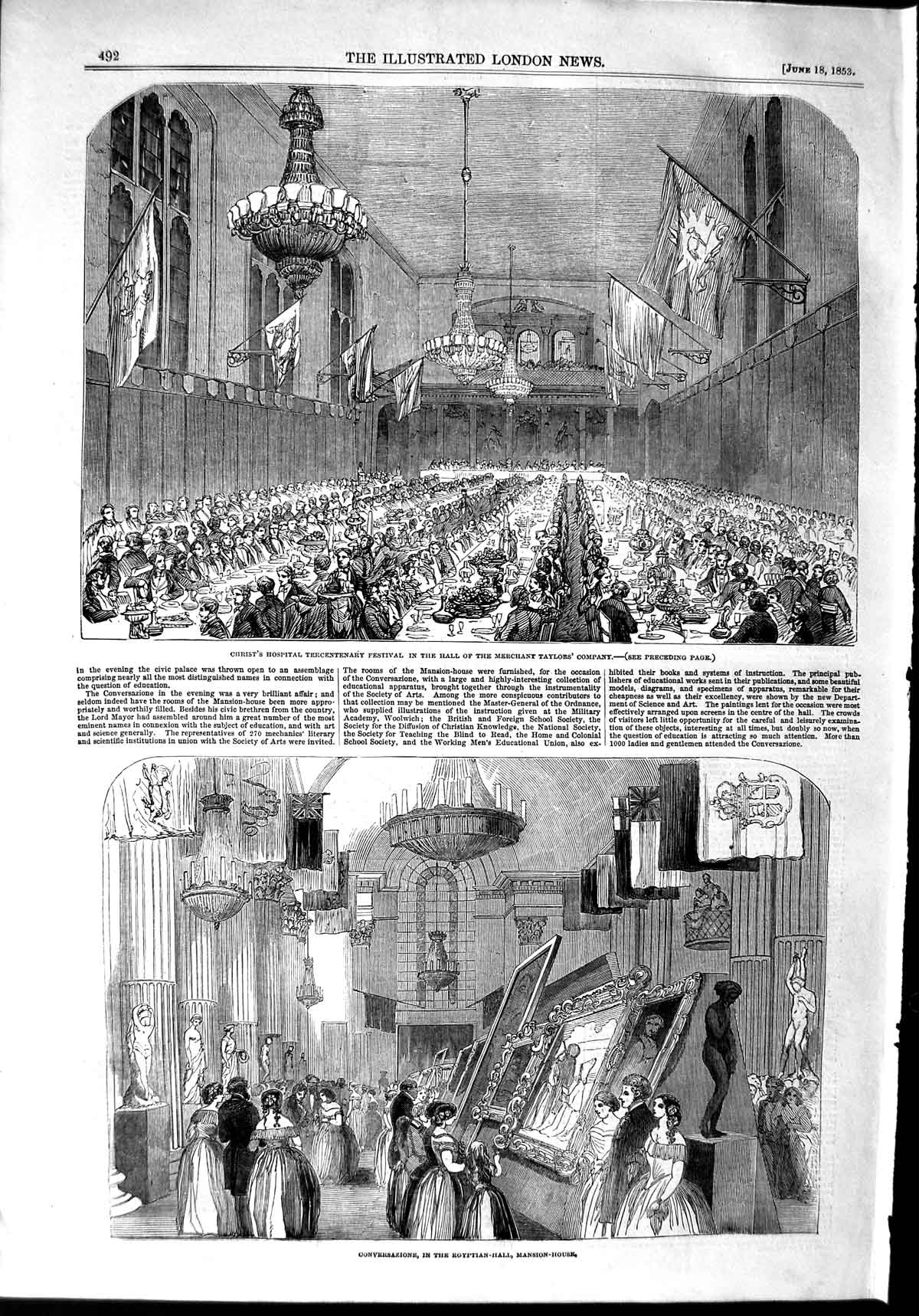 Old Antique Print 1853 Christ'S Hospital Merchant Taylors Mansion House 19th