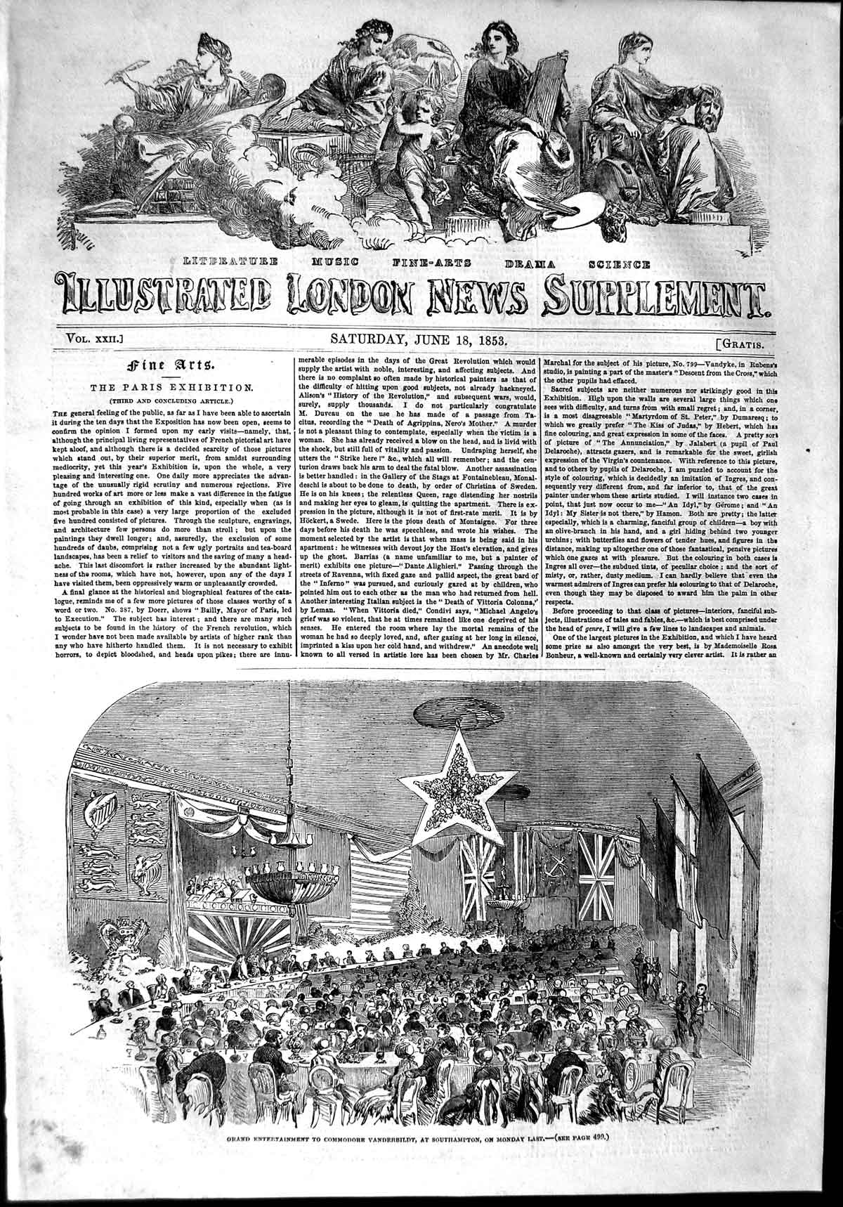 Original Old Antique Print 1853 Entertainment Commodore Vanderbildt Southampton