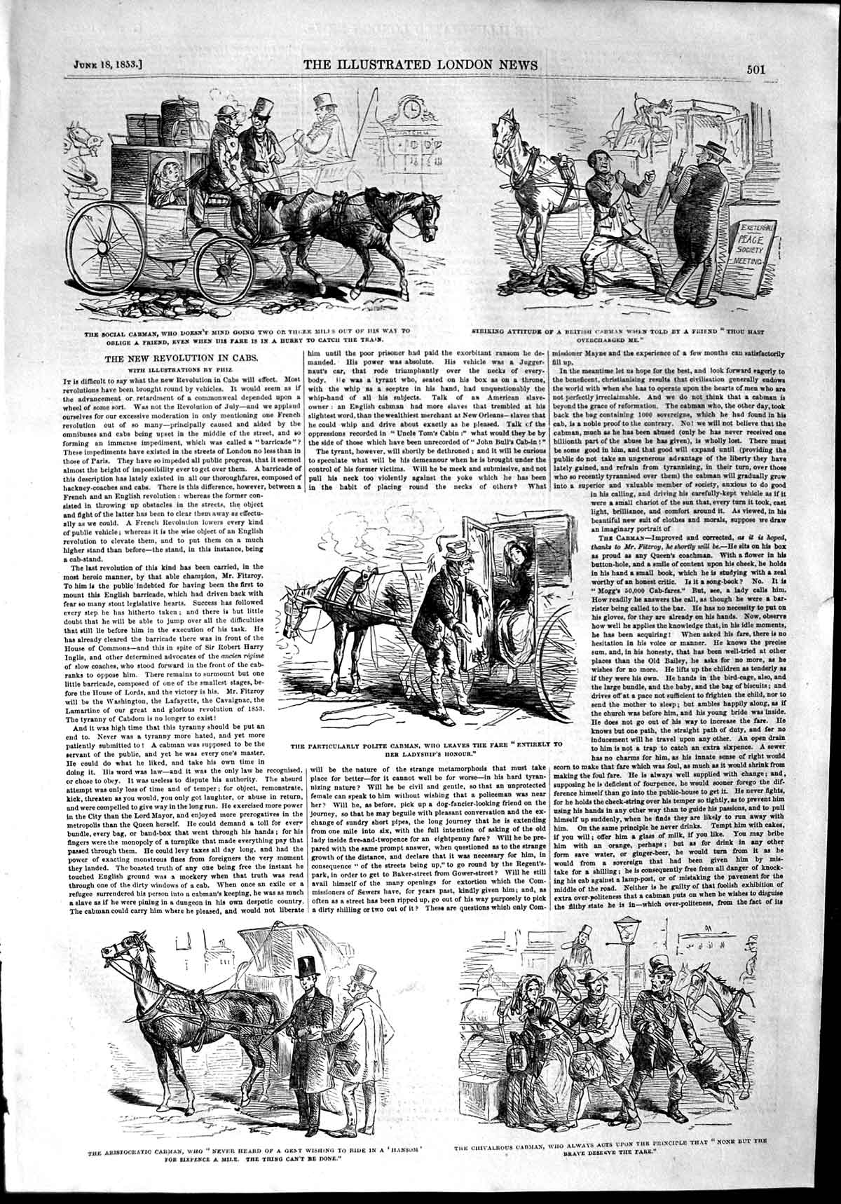 Original Old Antique Print 1853 Cabs Social Cabmen Horses Transport England