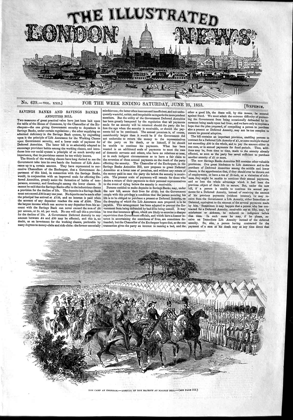 Original Old Antique Print 1853 War Camp Chobham Queen England Magnet Hill 19th