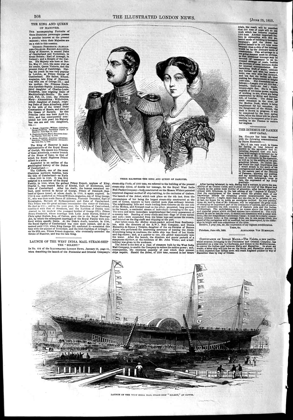 Original Old Antique Print 1853 King Queen Hanover India Mail Ship Solent Cowes