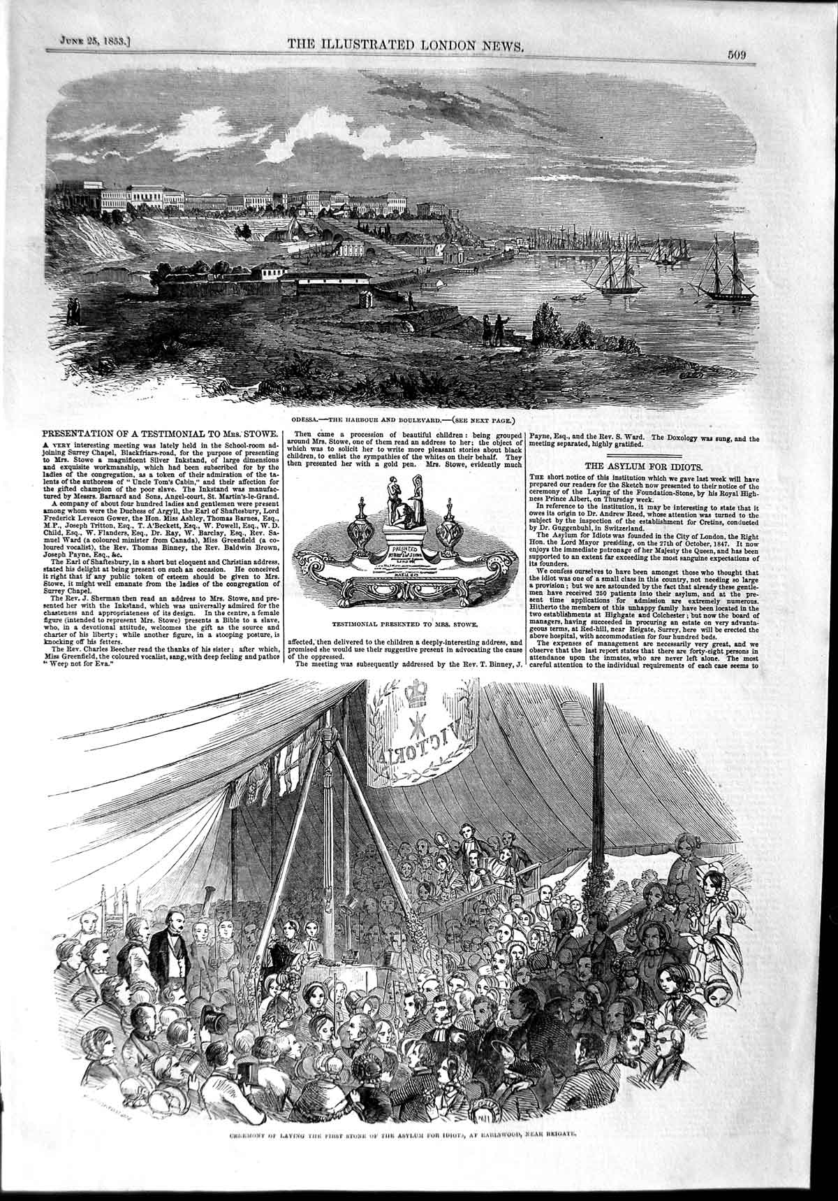 Original Old Antique Print 1853 Odessa Harbour Stower Asylum Idiots Earlswood