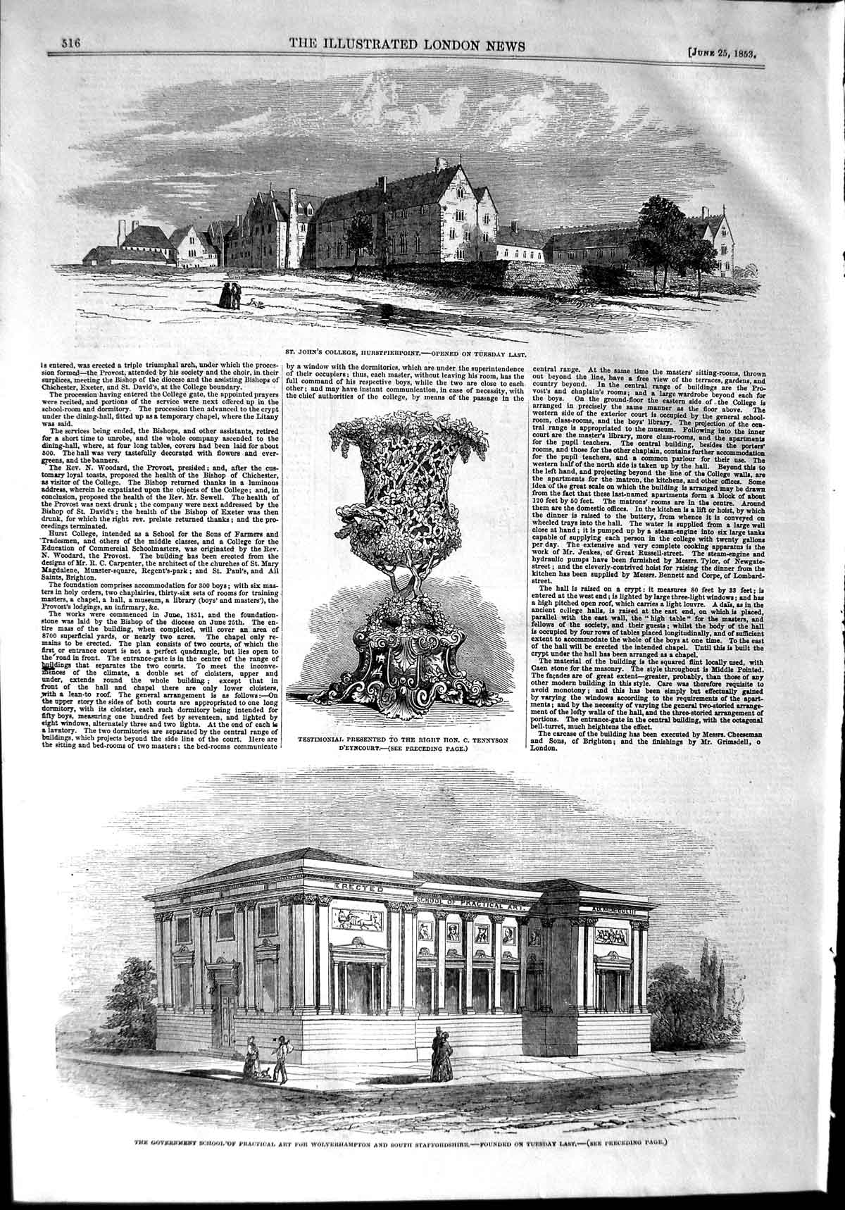 Original Old Antique Print 1853 John'S College Hurstpierpoint School Art T 19th