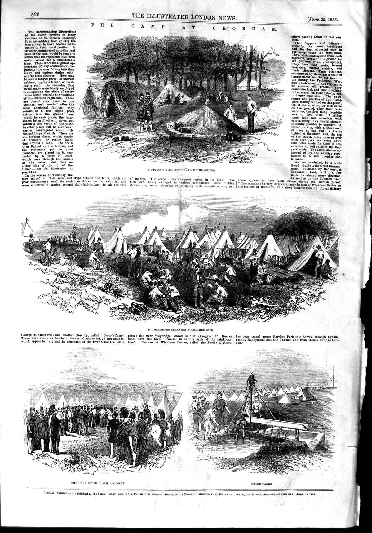 Original Old Antique Print 1853 War Camp Chobham Highlanders Sier 19th