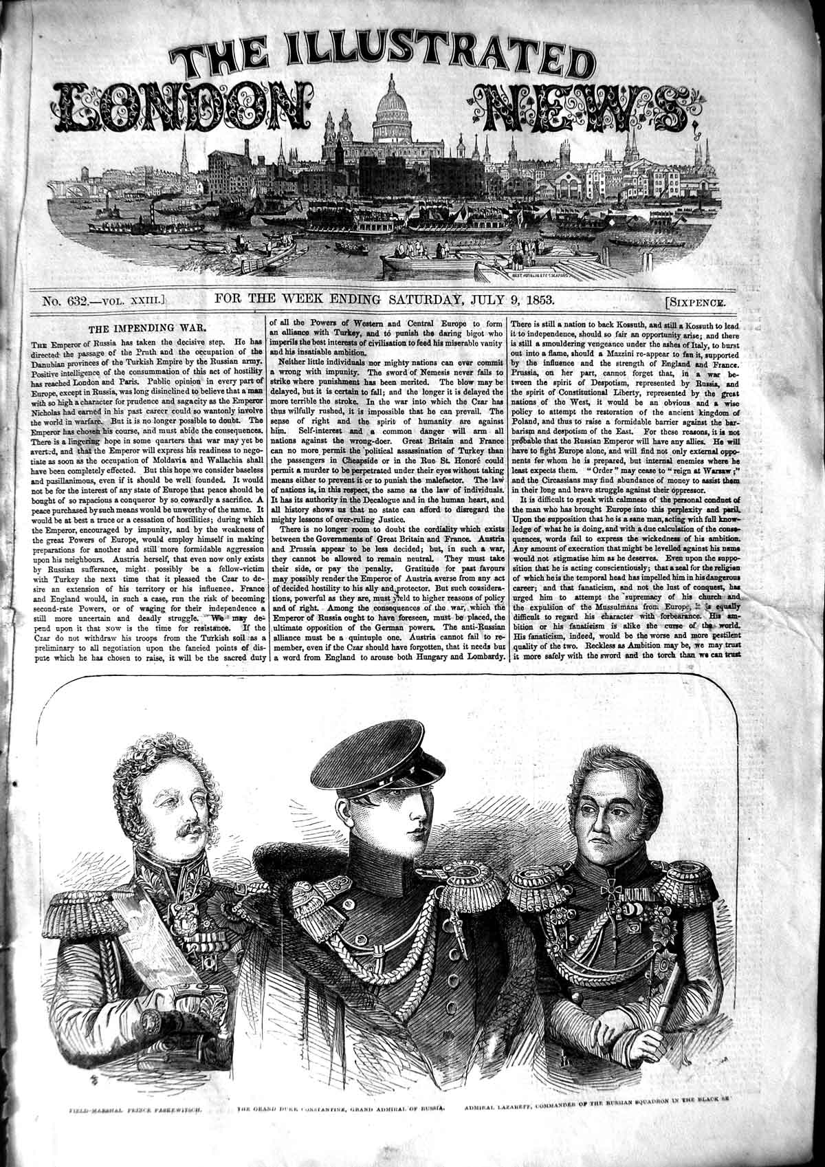 Old Antique Print 1853 Prince Paskewitsch Duke Constantine Lazareff War 19th