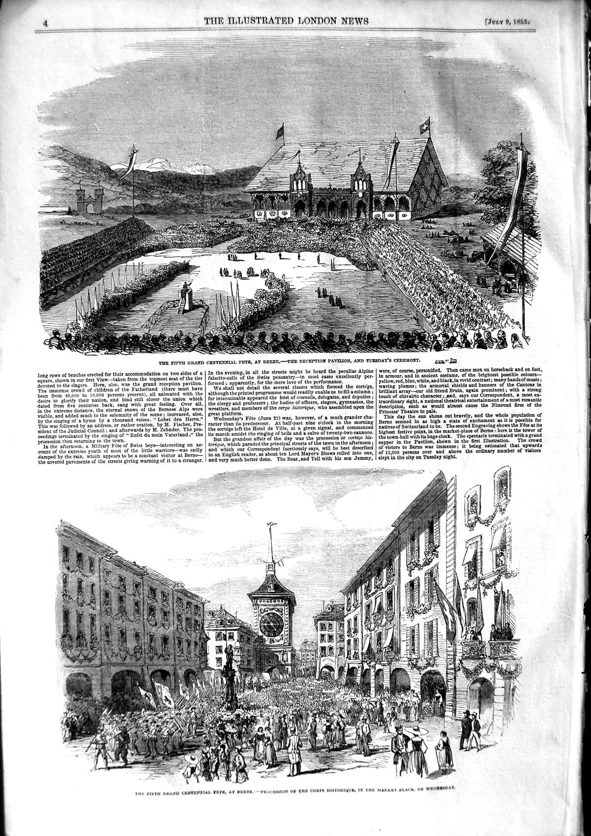 Original Old Antique Print 1853 Grand Centennial Fete Berne Reception Pavillion