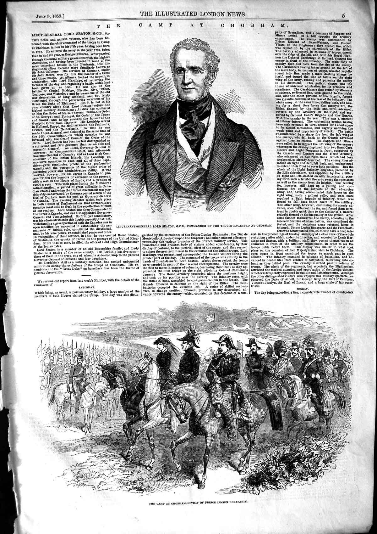 Old Antique Print 1853 Lord Seaton Camp Chobham Prince Lucien Bonaparte 19th