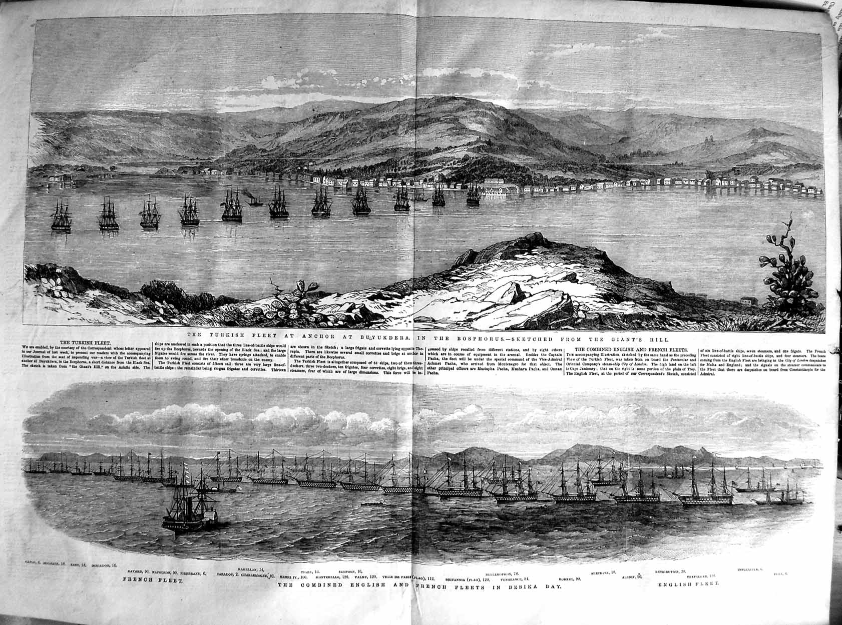 Old Antique Print 1853 Turkish Ships Buayukdera Bosphorus Besika Bay War 0 19th