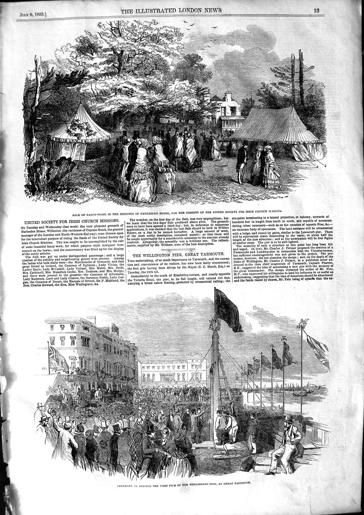 Old Antique Print 1853 Wellington Pier Yarmouth Harlesden House Gardens 19th