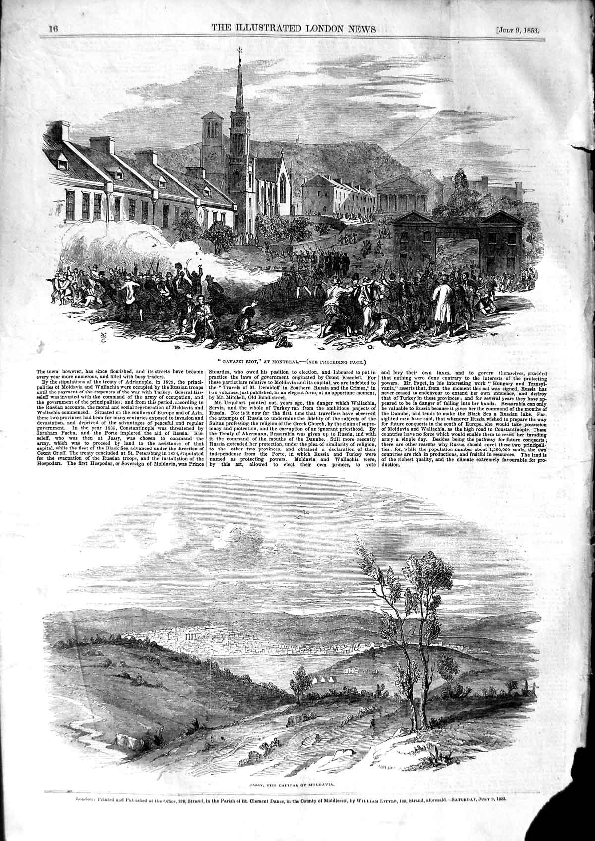 Original Old Antique Print 1853 View Jassy Capital Mavia Gavazzi Riot Montreal