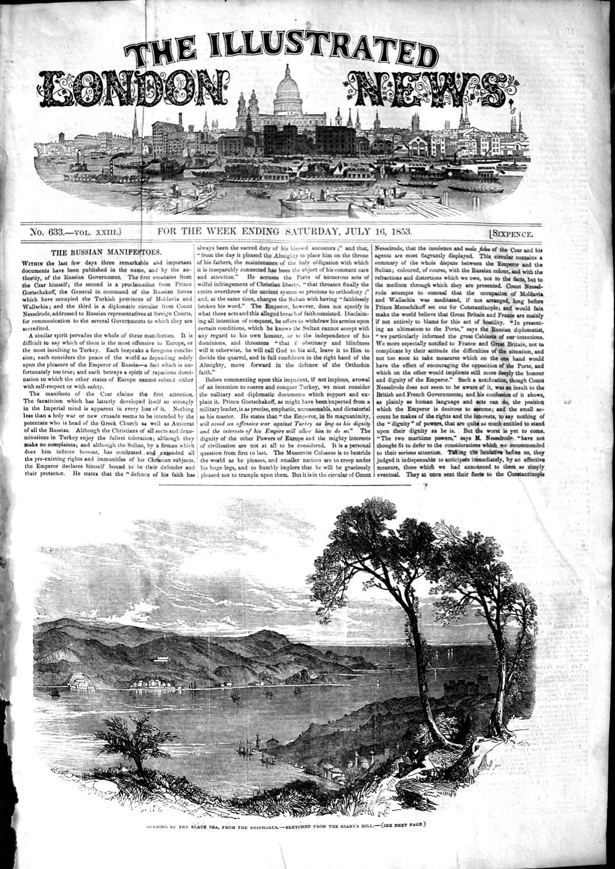 Original Old Antique Print 1853 Giant'S Hill Opening Black Sea Bosphorus Ships