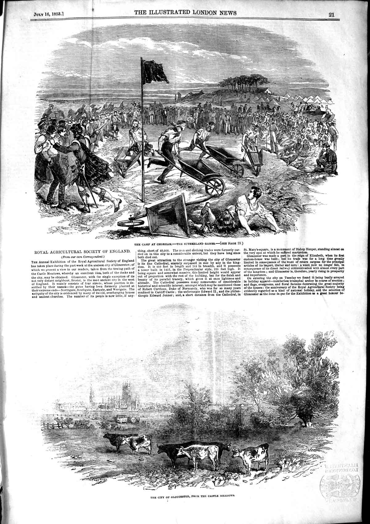 Antique Old Print *3176 1853 Camp Chobham Sutherland Games Gloucester Castle