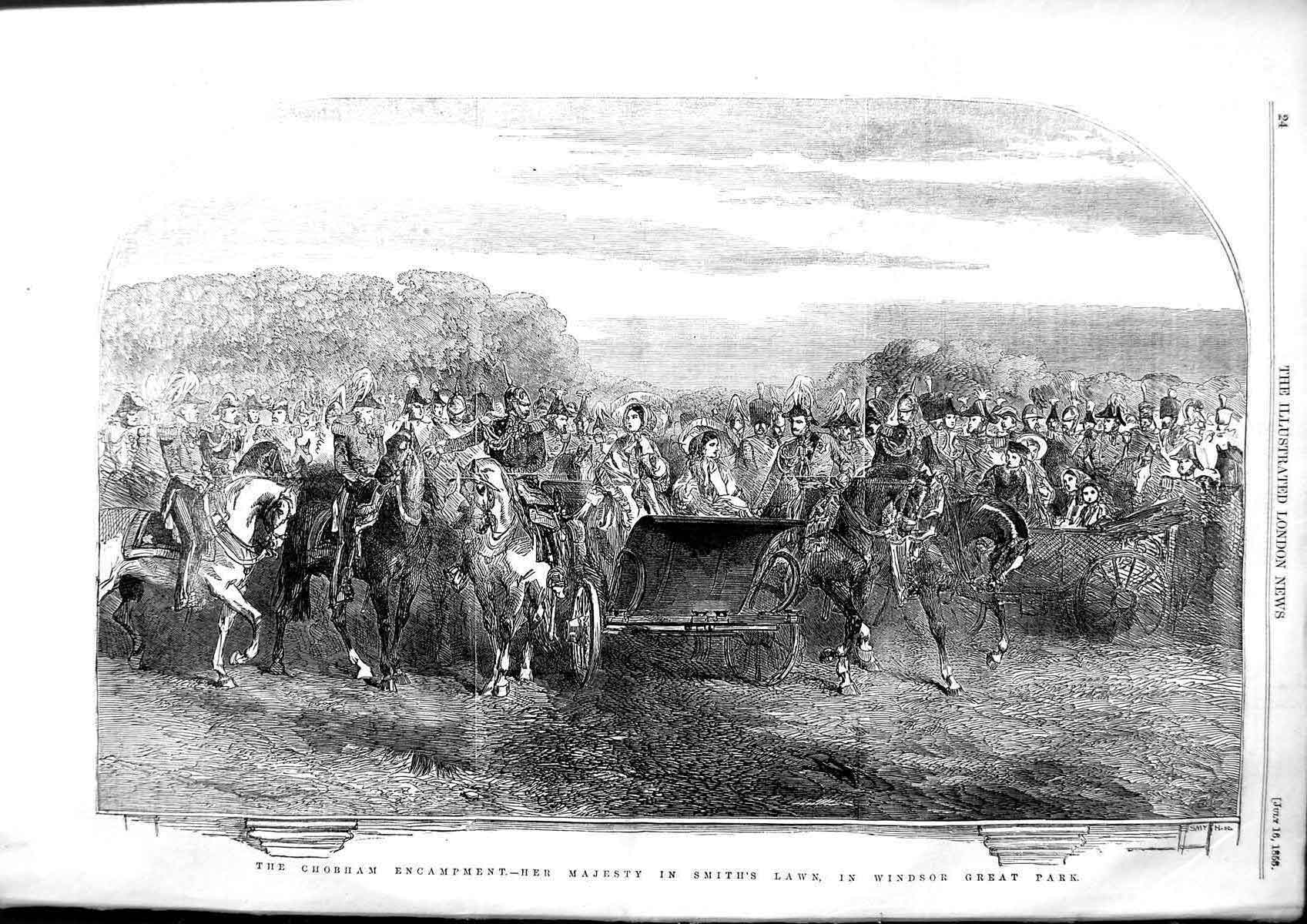 Original Old Antique Print 1853 Chobham Encampment Queen Smith 'S Lawn Windsor