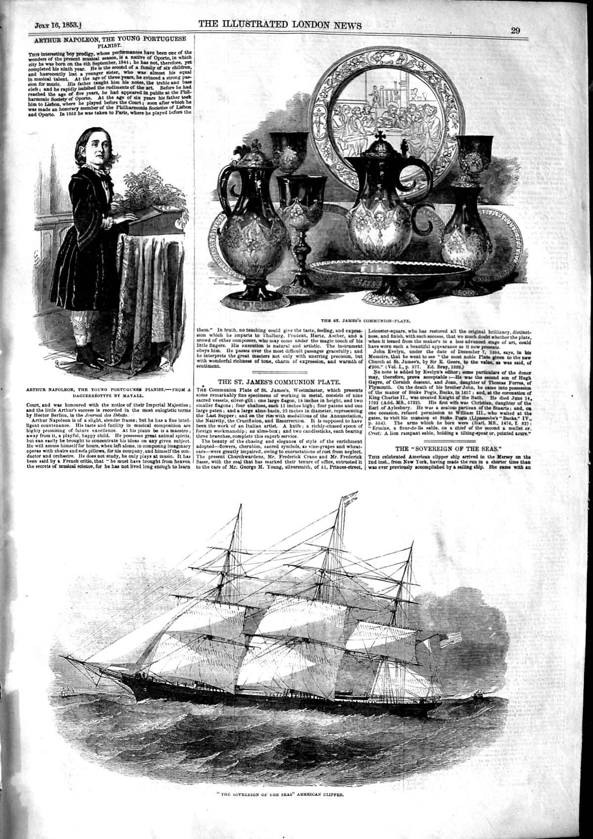 Old Antique Print 1853 Sovereign Seas American Ship Arthur Napoleon James 19th