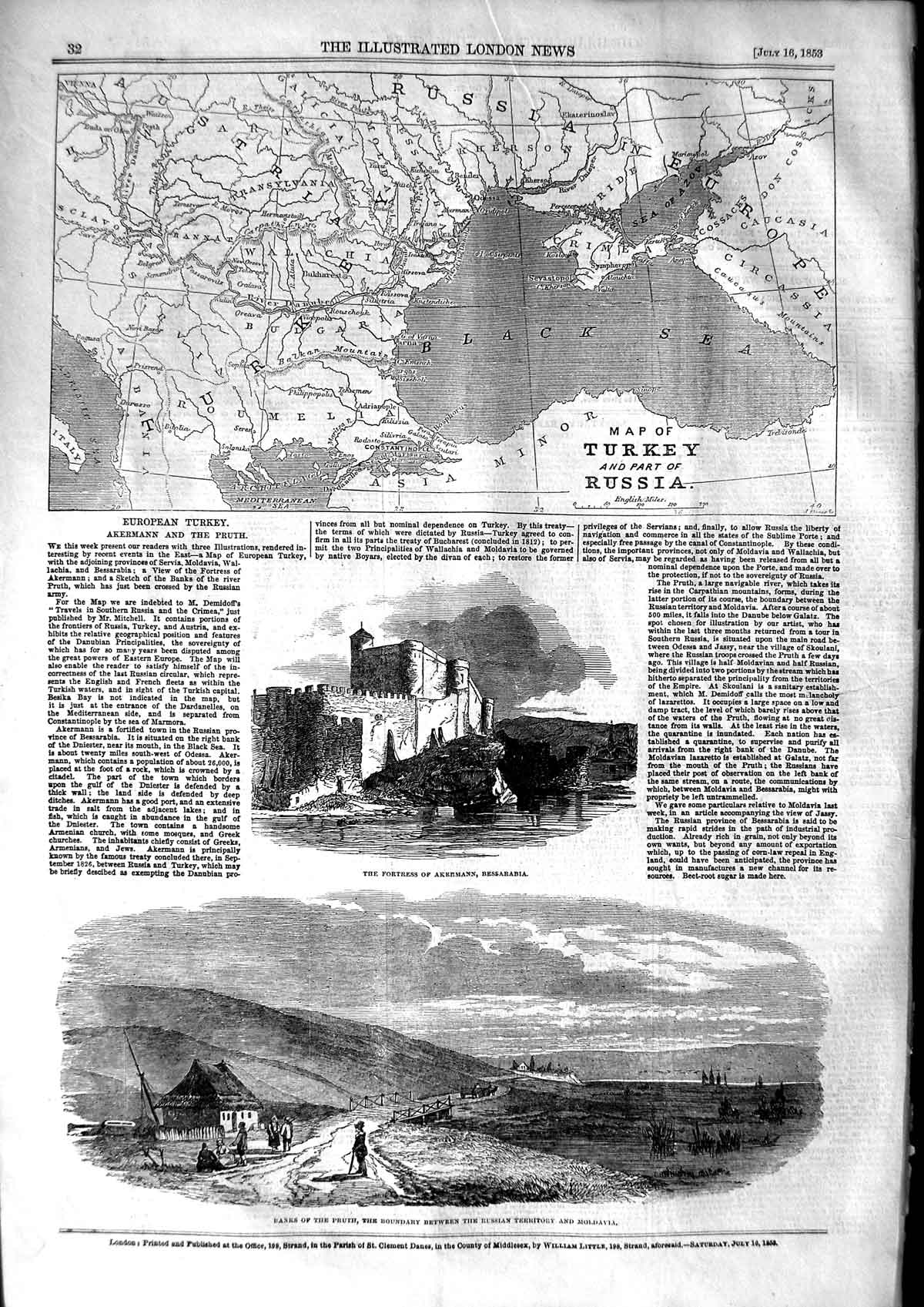 Original Old Antique Print 1853 Map Turkey Russia Pruth Mavia Fortress A 19th